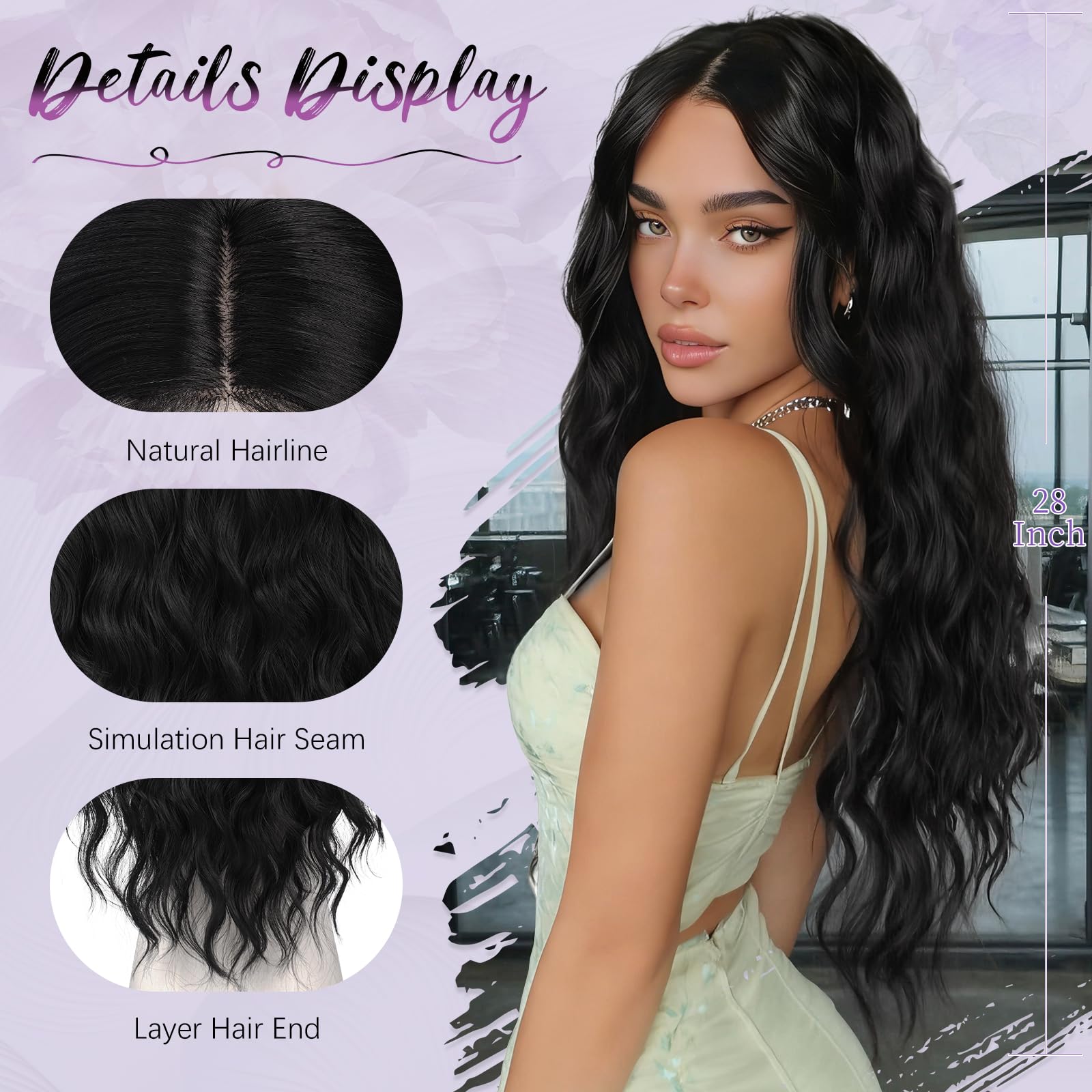 Sofeiyan Gewellte Wellig Perücke 70 cm Natürliches Schwarz Mittelscheitel Damen Hitzebeständige Synthetische Lockige Frauen Wigs
