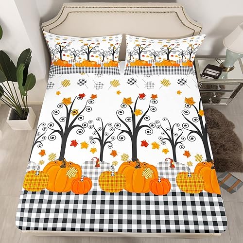 Miniatura 3 de Juego de sábanas de cosecha de calabaza de otoño, tamaño Queen, decoración de habitación de niños y adultos, ropa de cama de cuadros blancos y