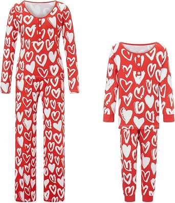 FULA-bao Valentines Day Mommy and Me Matching Pajamas Sweet Heart Printed Long Sleeve Shirt Pants Set 2 Pcs Sleepwear Lounge