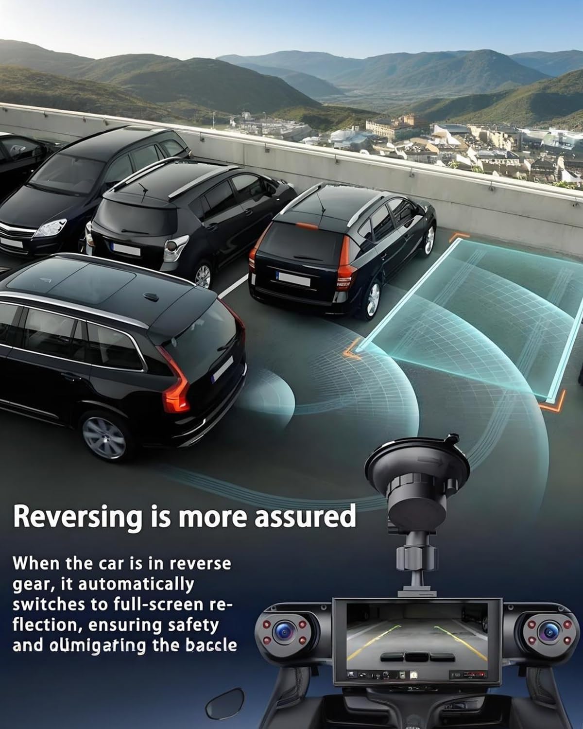 Car Dash Cam Wireless Front Rear 360 Full View 4K Dual Security 24HR Rechargeable 4 Channel Mirror Rearview Interior Auto Video On-Dash Mounted Driving Recorder Truck Electronics Accessory(128G)