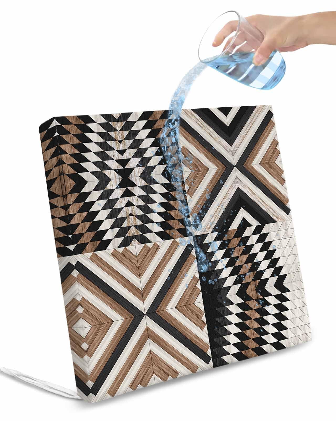 Pinroote Boho Brown Black Patio Cushion Covers, Outdoor Cushion Covers Waterproof Seat Cushion Slipcovers, Wooden Modern Geometric Abstract Chair Cushion Cover for Garden Sofa 24