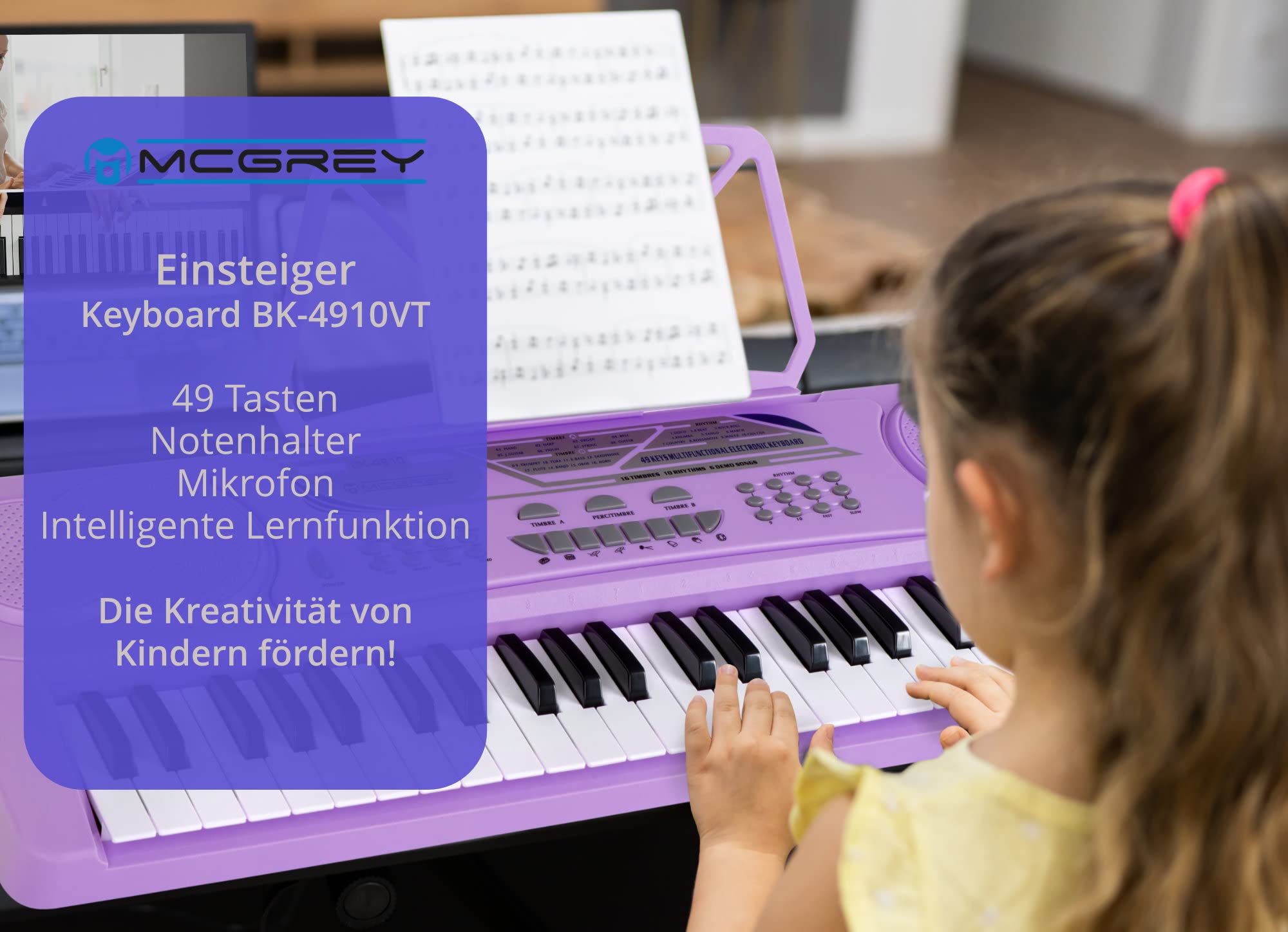 McGrey BK-4910VT Keyboard - Einsteiger-Keyboard 49 Tasten - mit 16 Sounds & 10 Rhythmen - 8 Percussion-Sounds & 6 Demo-Songs - Mikrofon & Notenhalter - Lila
