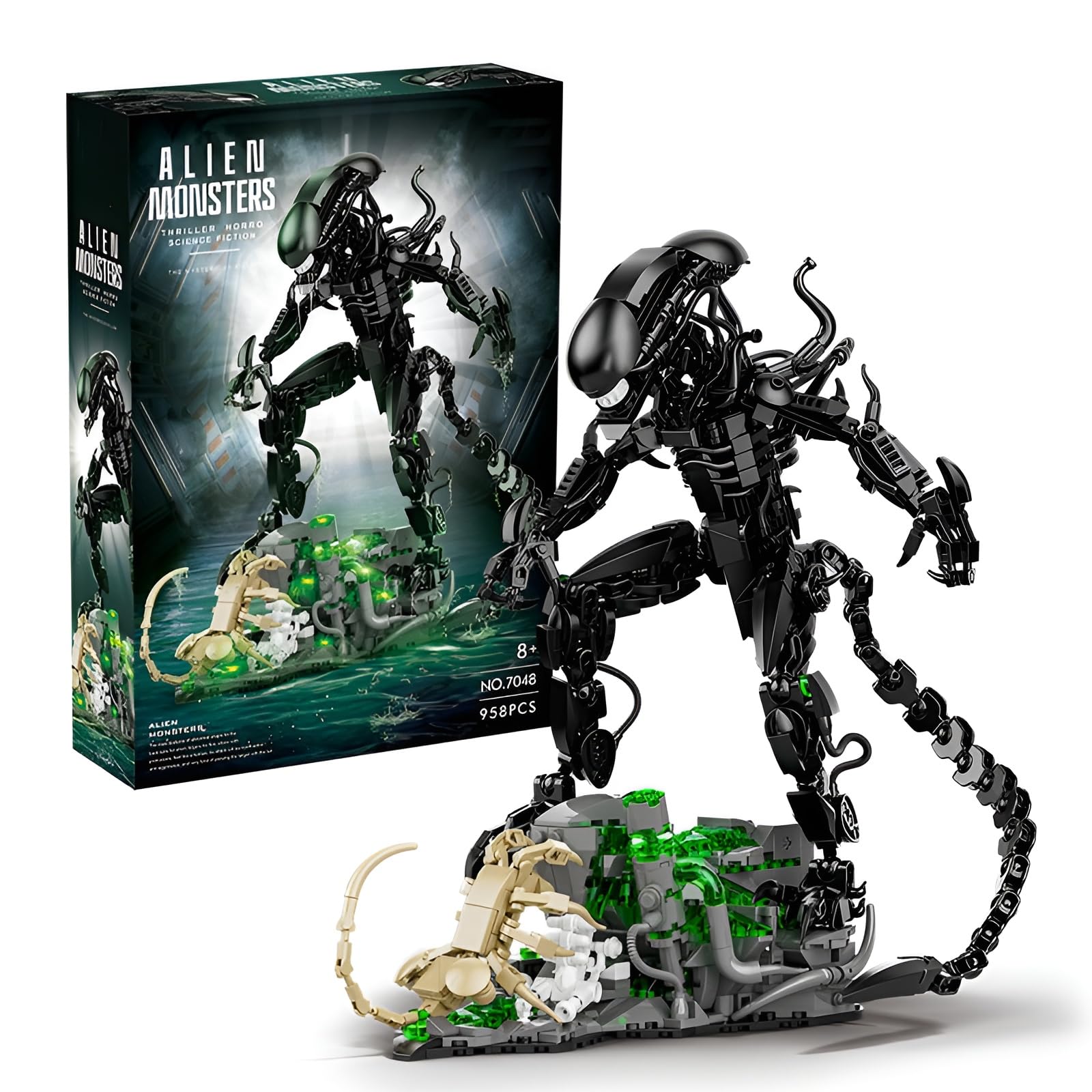 Fuleying Xenomorph Building Blocks Set, Xenomorph Action Figure Building Sets for Adults with Support Base and Facehugger, Alien Monster Horror Gifts for Fans Friends Birthday(958PCS)