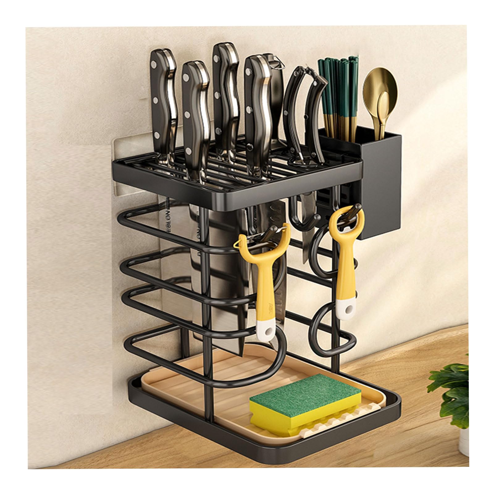 Dxcaicc Knife Block Holder,Kitchen Knife Organizer Storage,Carbon Steel Wire Countertop Organizer,Cookware Storage Stand Holder,Large Capacity Kitchen Tool Holder with Drip Tray,Black