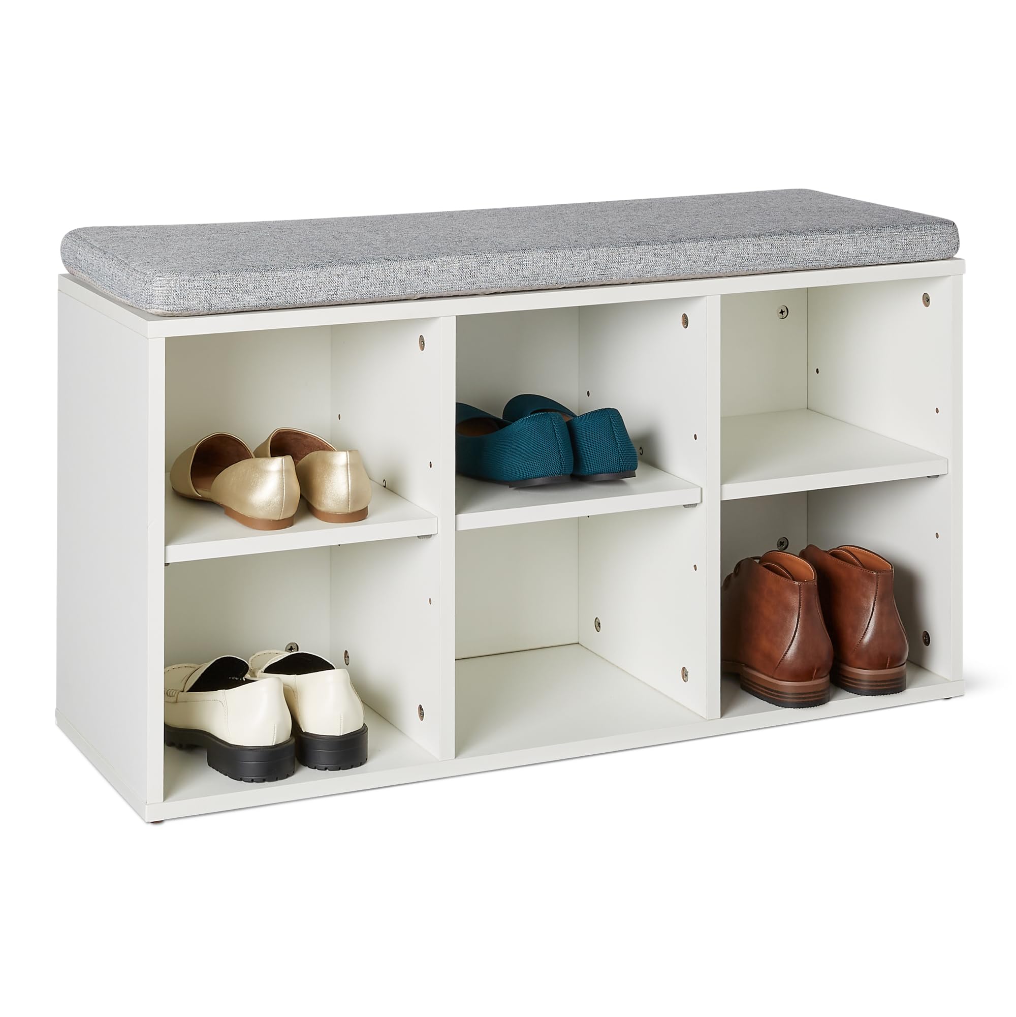 Amazon Basics Banco para Guardar Zapatos con Cojín, Zapatero con 6 Compartimentos, Estantes Ajustables, para la Entrada, 87 x 30 x 48cm, Blanco