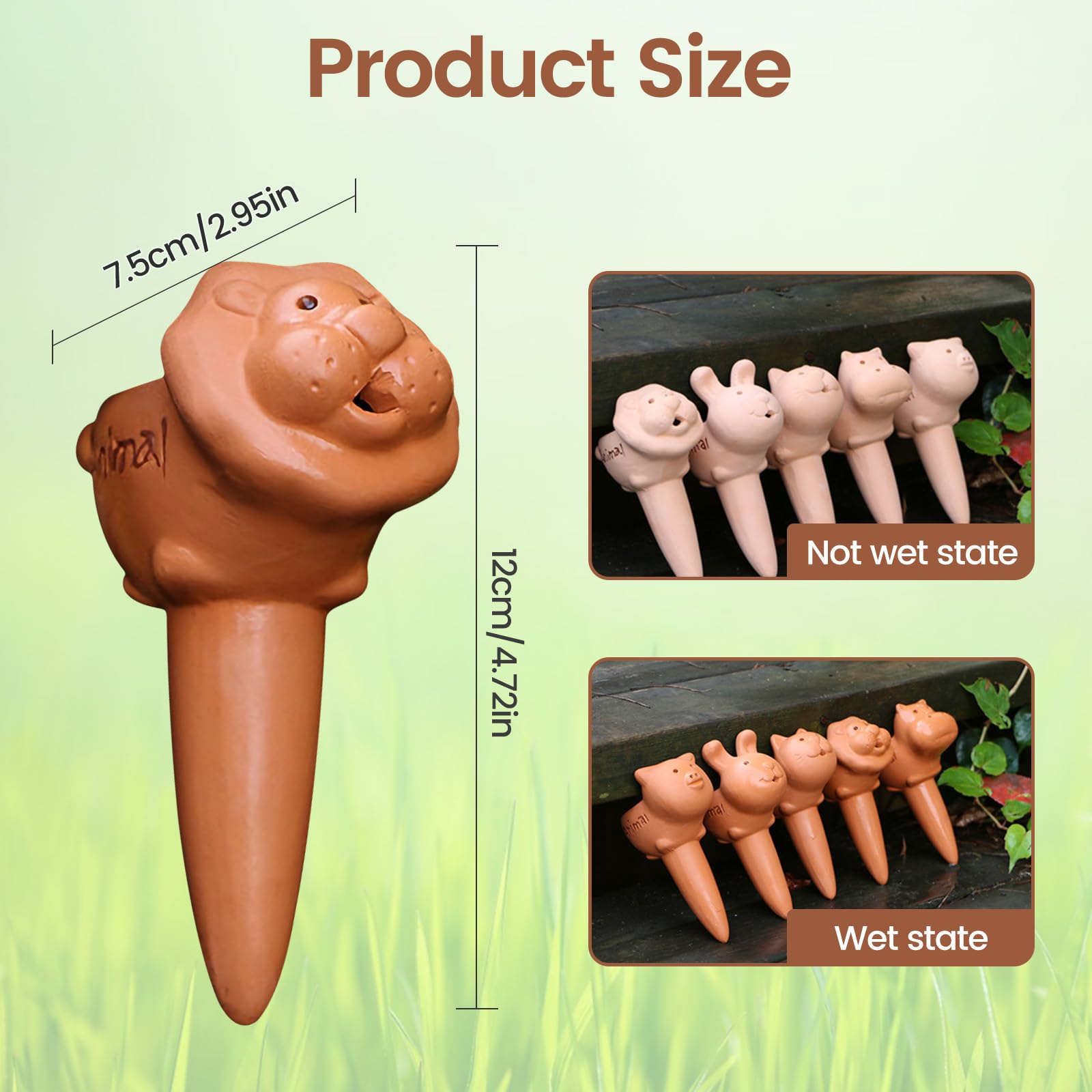 JEAMZHU Terracotta Watering Spikes for Plants 5-PCS - Cute Terracotta Self Watering Stakes Set, Lion Bunny Cat Pig Hippo Clay Plant Waterers for Indoor Outdoor Garden Vacation Care (Natural Clay)