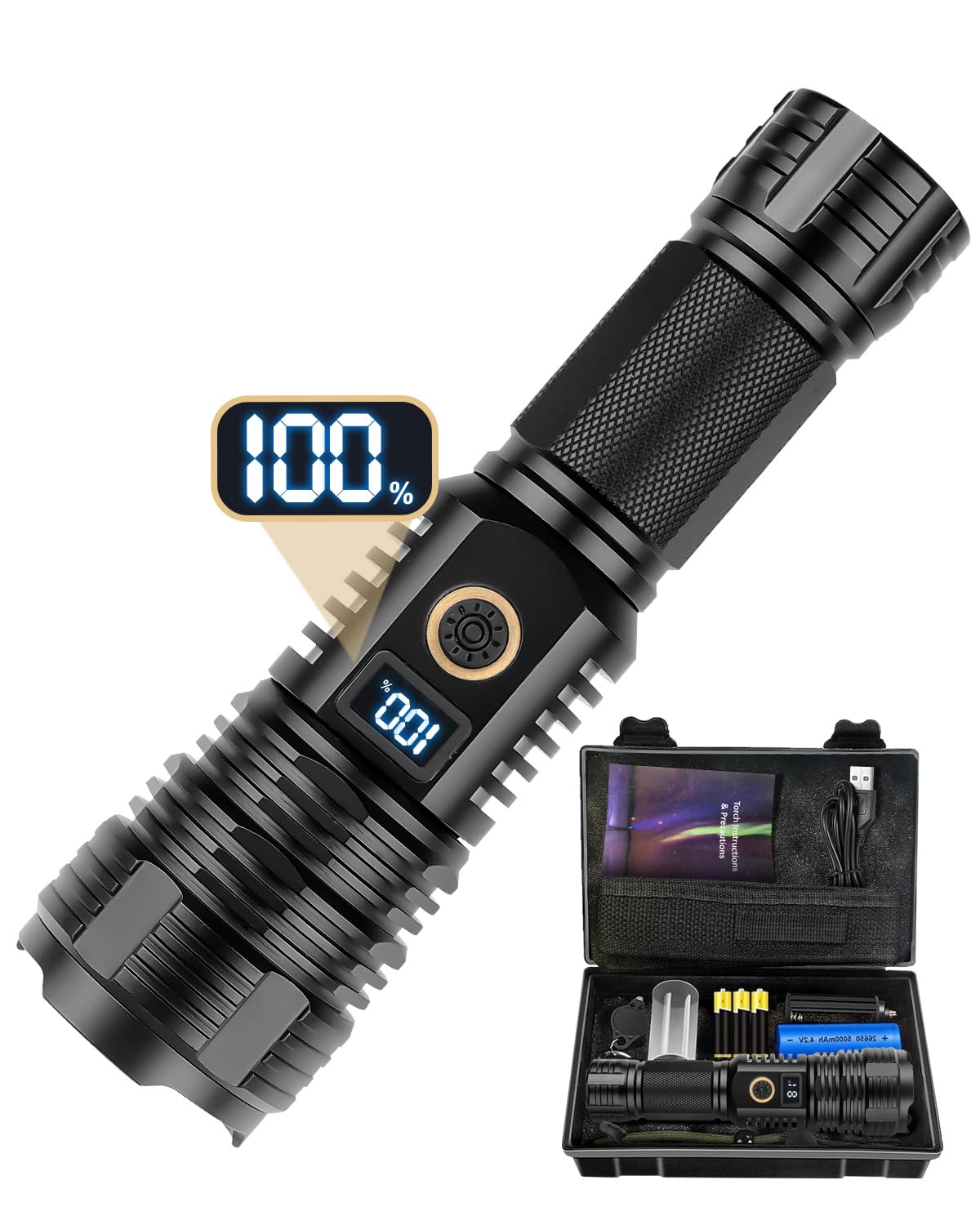 Andizun Torches LED Super Bright Rechargeable, Flashlight 100000 Lumens XHP90 Torches Battery Powered, Powerful Tactical Flash Light Torch, USB Hand Torch for Dog Walking Camping Emergency Gift [Energy Class A+++]