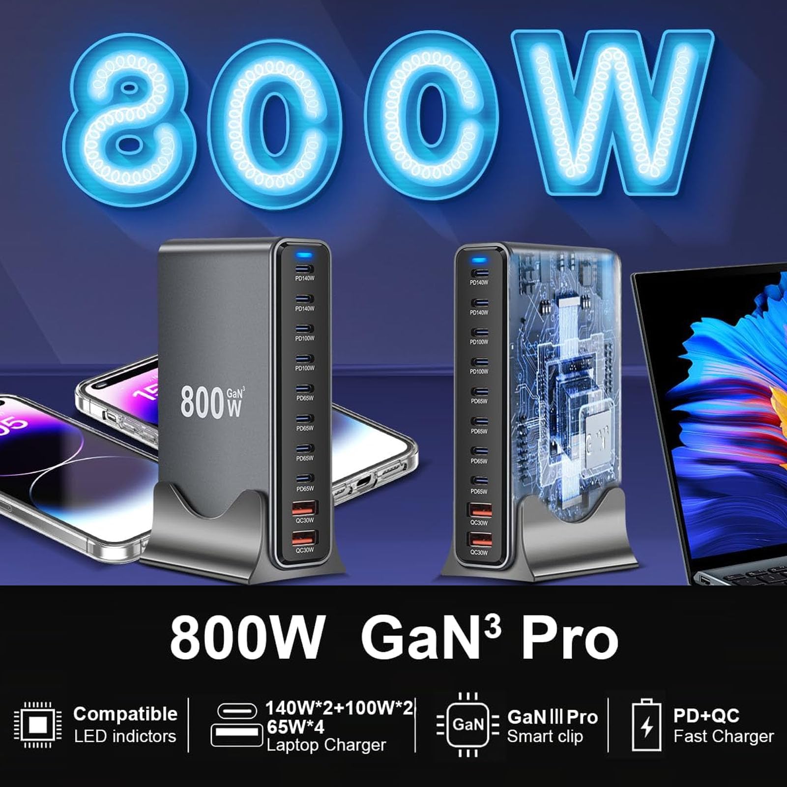 Tosuny Blocco Caricabatterie USB C da 1000 W, Stazione di Ricarica USB C a 10 Porte per Dispositivi Multipli, Adattatore di Ricarica Rapida GaN III Pro PD PPS per Smartphone (10 Ports)