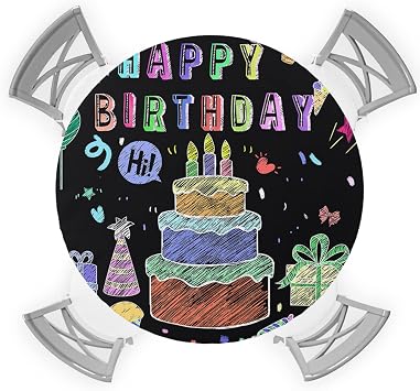 SEVENBABU Table Cover for 45-54 Inch Round Tables, Washable Elastic Fixd Edge Stretchable Wrinkle-Proof Table Cover, Happy Birthday Cake Gift Colorful Ribbon on Black Background Durable Table Cover