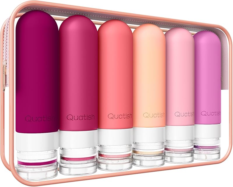 Quatish Frascos Recarregáveis de Silicone para Viagem Rose, Pacote com 6 e Bolsa