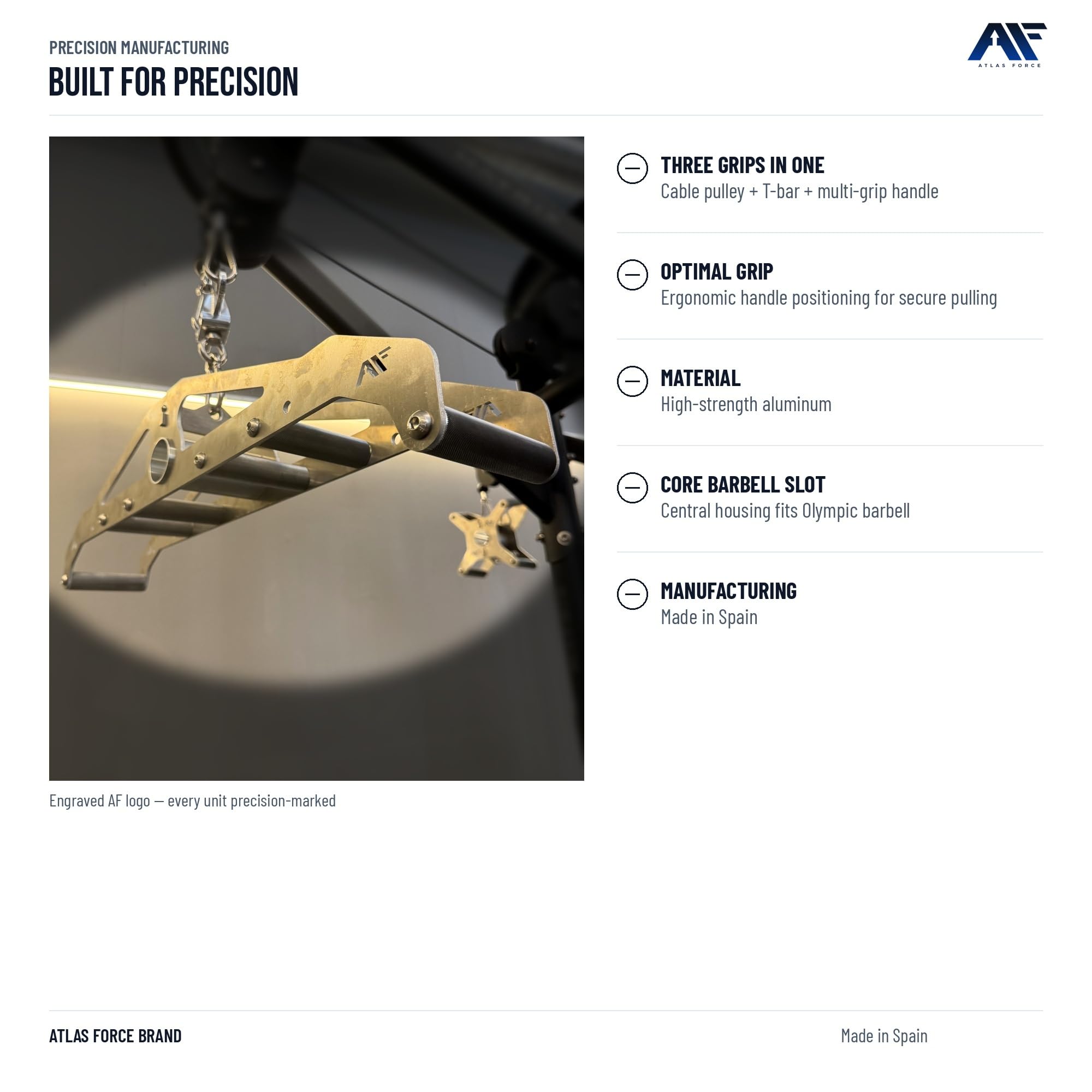 ARC Pull Pro - Accesorio para Cable y Barra en T | Multi-Grip 3 en 1 | 4 Posiciones de Agarre | Agarre Neutro | Ranura para Barra olímpica | Aluminio CNC | Fabricado en España