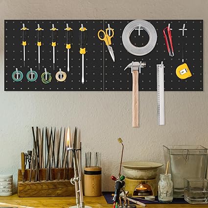 Hommoo Metal Pegboard Wall Organizer, 2 Pcs Garage Storage Pegboard Tool Organizer Pegboard Accessory Kit Pegboard for Kitchen Craft Room Living Room Office Black