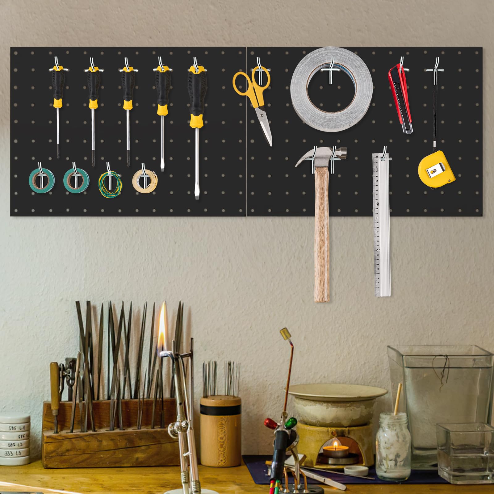 Hommoo Metal Pegboard Wall Organizer, 2 Pcs Garage Storage Pegboard Tool Organizer Pegboard Accessory Kit Pegboard for Kitchen Craft Room Living Room Office Black