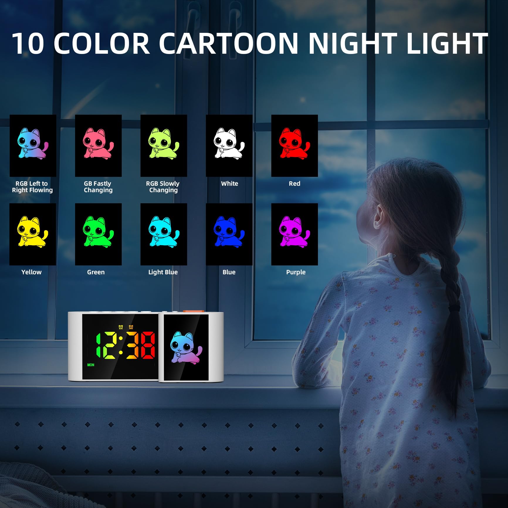 Sveglia RGB per Bambini - Schermo RGB con Luce Notturna a Disegno Animato - Doppia Allarme - Funzione Snooze - Regolatore di Volume - Visualizzazione della Settimana - Gatto Bianco