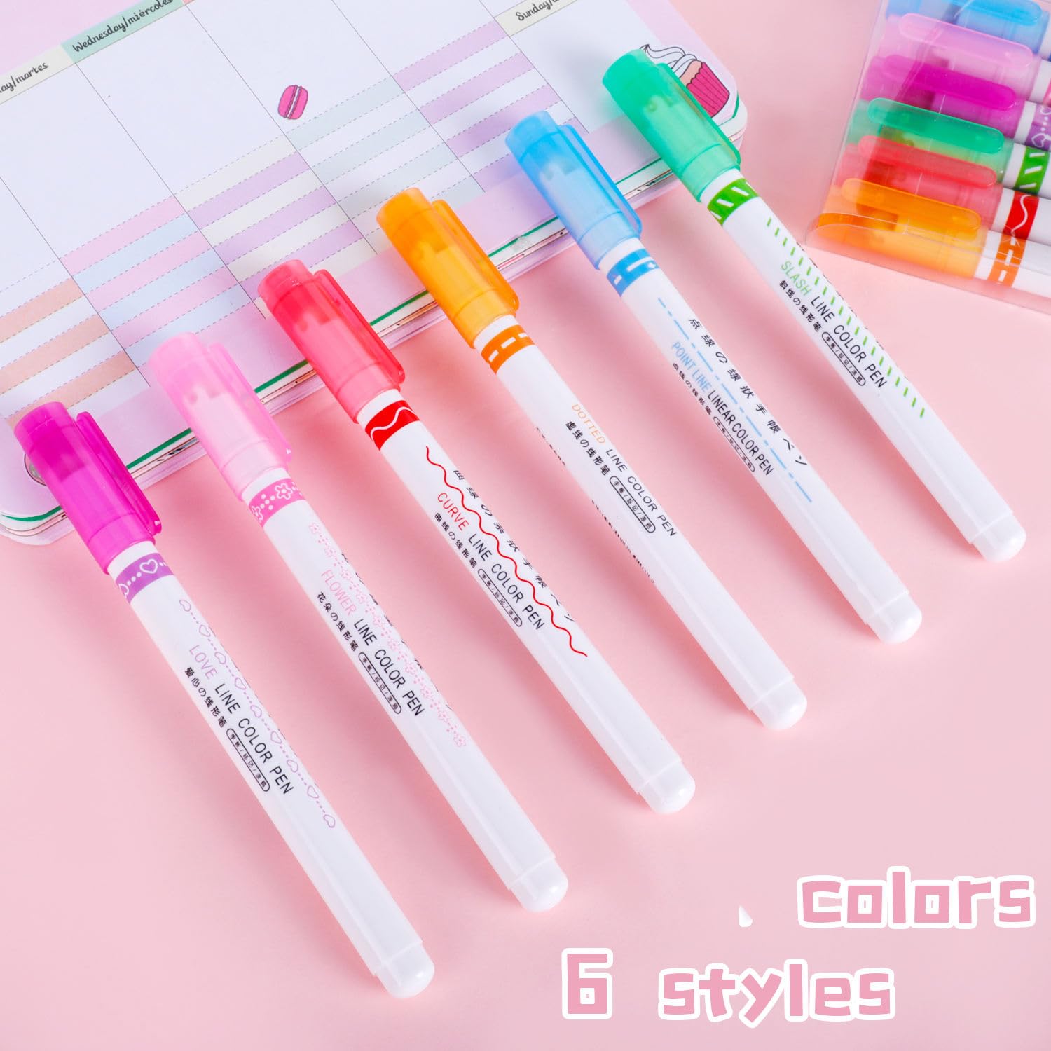 VGRASSP Linear Roller Curve Highlighter Pen Pack Of 6 Pens - Toy Set For Kids And Adults - Includes 6 Different Patterns and 6 Colors - Best For Decorating Scrapbook, Highlighting Text - Image 6 thumbnail