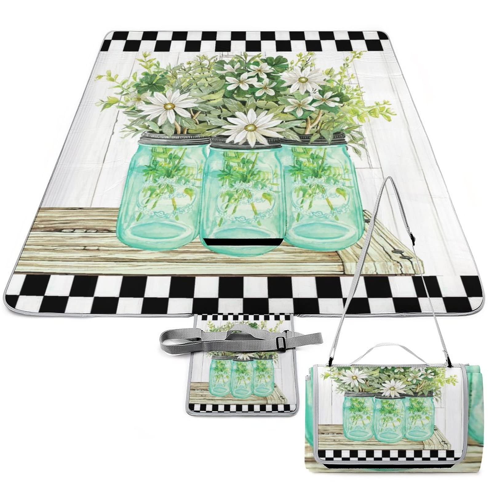 Abstract Floral Daisy Soft Waterproof Folding Picnic Blanket Rustic Daisy Black and White Plaid Design for Outdoor Picnics, Beach, Camping 58.3x58.3 Inch