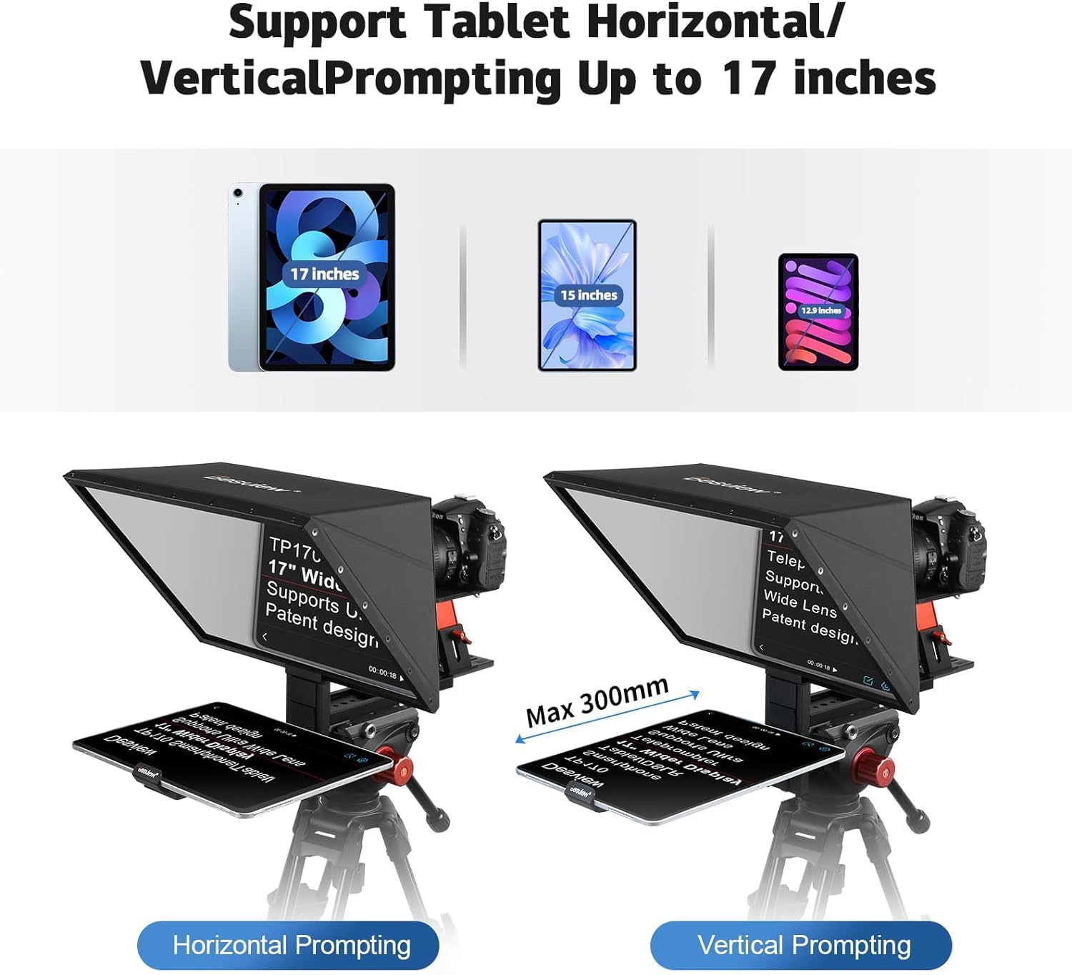 Desview TP170 Teleprompter 17 pollici, lega di alluminio High Display vetro sollevabile con telecomando e app per iPad/DSLR/videocamera, obiettivo grandangolare, registrazione video