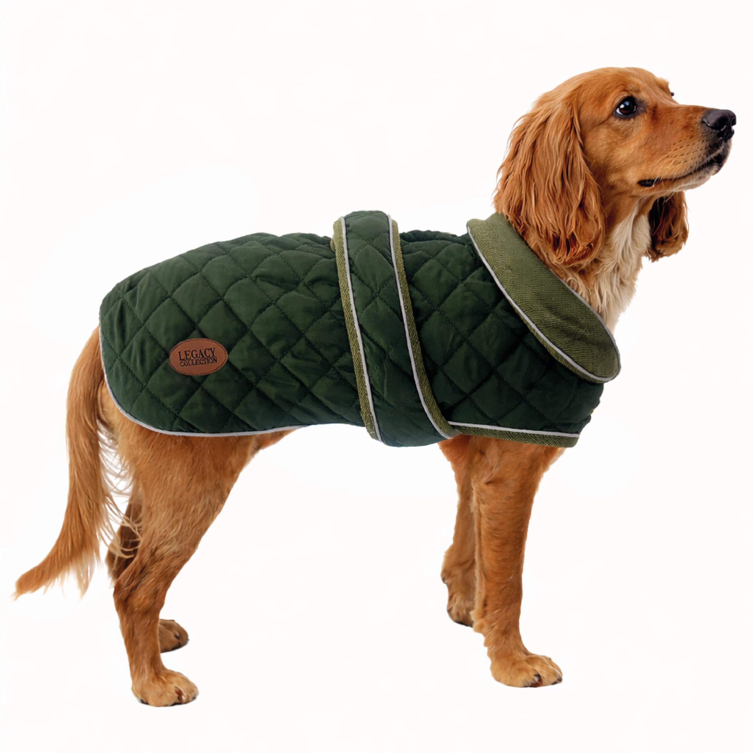HugglePets Legacy Quilted Dog Coat | Khaki Green | Adjustable Belly Strap with Zipped Collar | Thermal Dog Coat with Harness Hole | Reflective Winter Adult and Puppy Jacket | Medium (40cm)