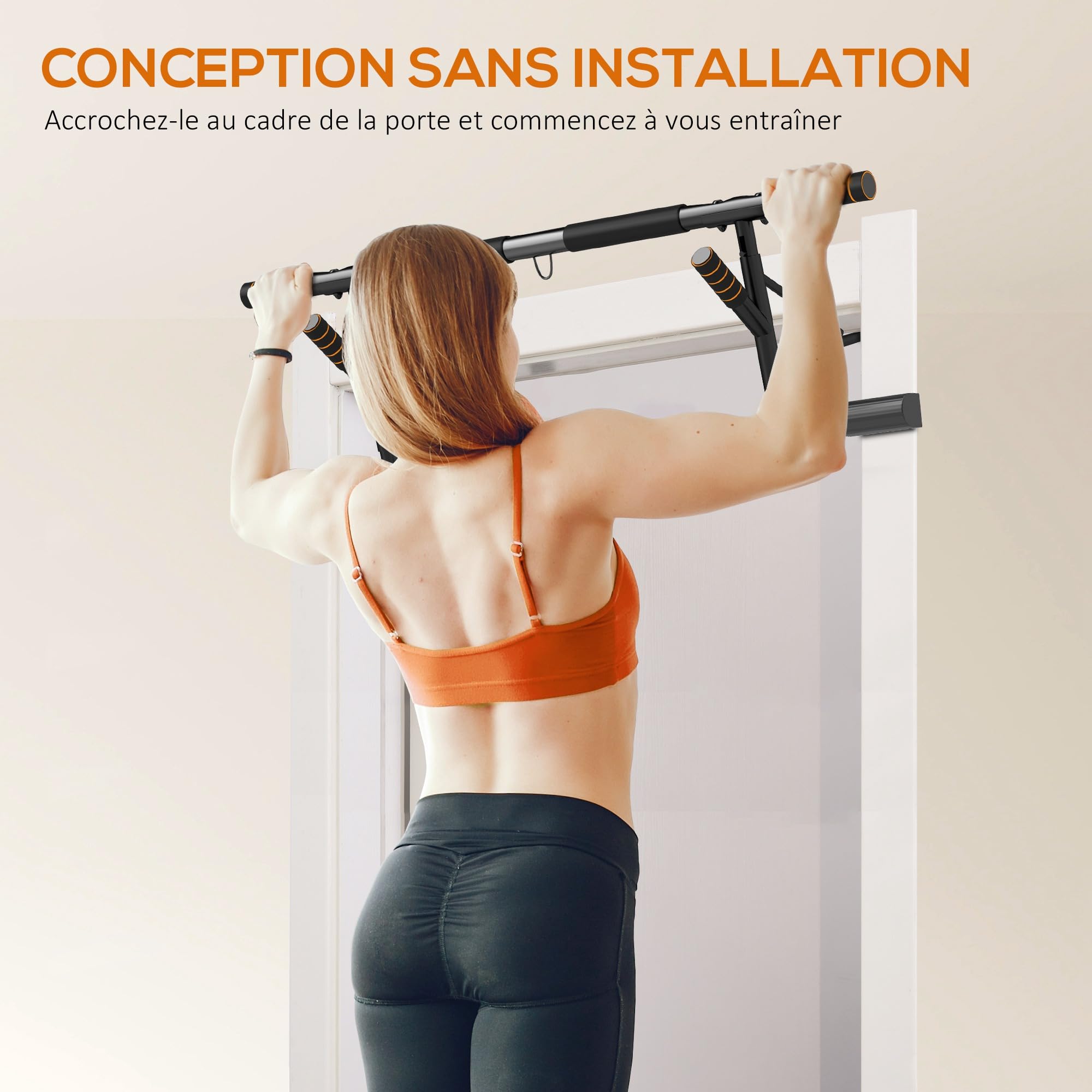 SPORTNOW Barre de traction, barre traction porte, avec bandes de résistance, poignées rembourrées, pour les exercices de gym à domicile, charge max. 150 kg, noir