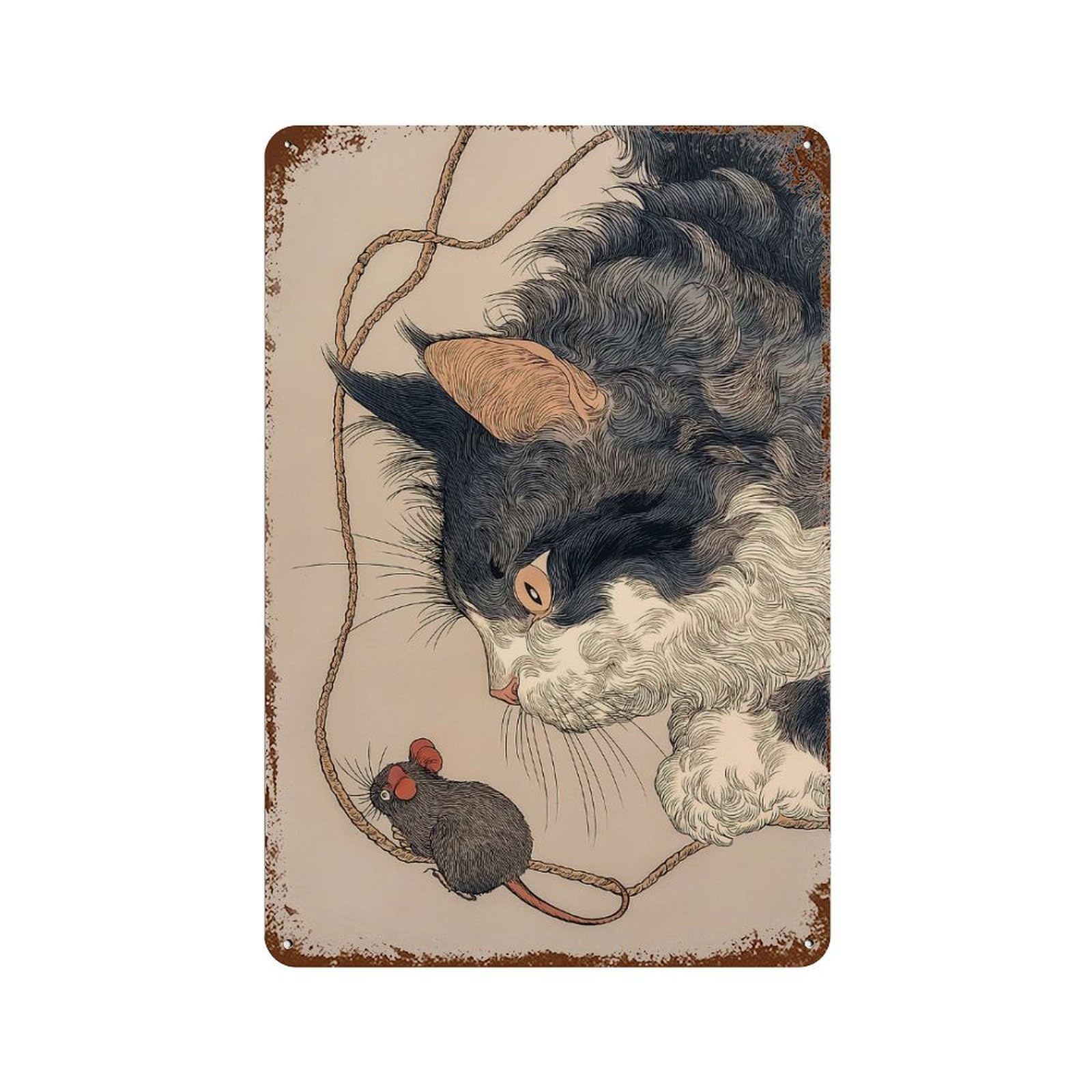 Vintage Metal Tin Sign Cat And Mouse Illustration 11.8"x7.9", Classic Wall Plaque for Pub, Kitchen And Man Cave Decor