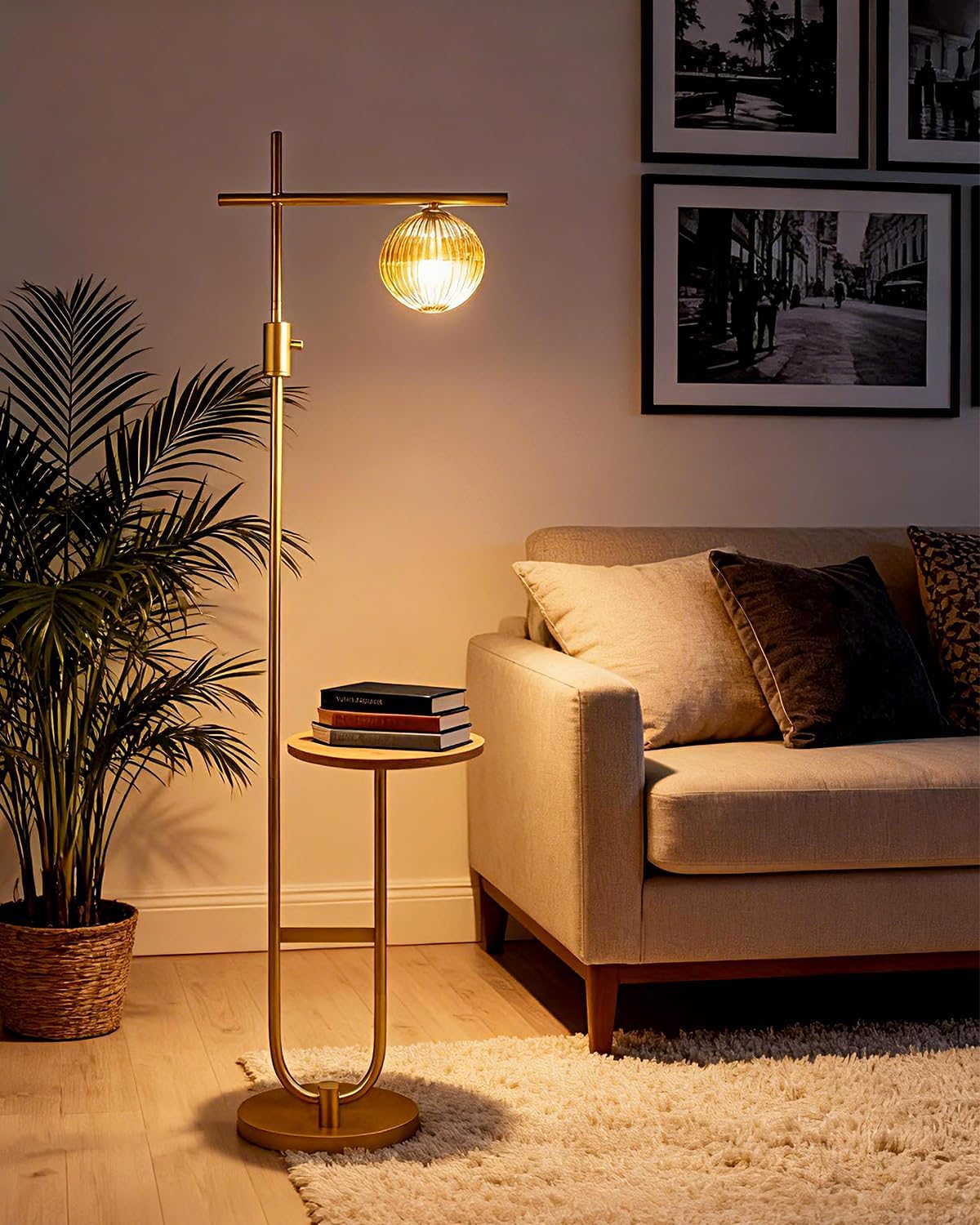 Lightdot 66IN Gold Dimmable Floor Lamps with Table, Modern Standing Tall Lamp with Brown Globe Glass Shade, Cross-Shaped Head and U-Pole Base for Living Room/Sofa Beside/Corner Decor(Bulb Included)