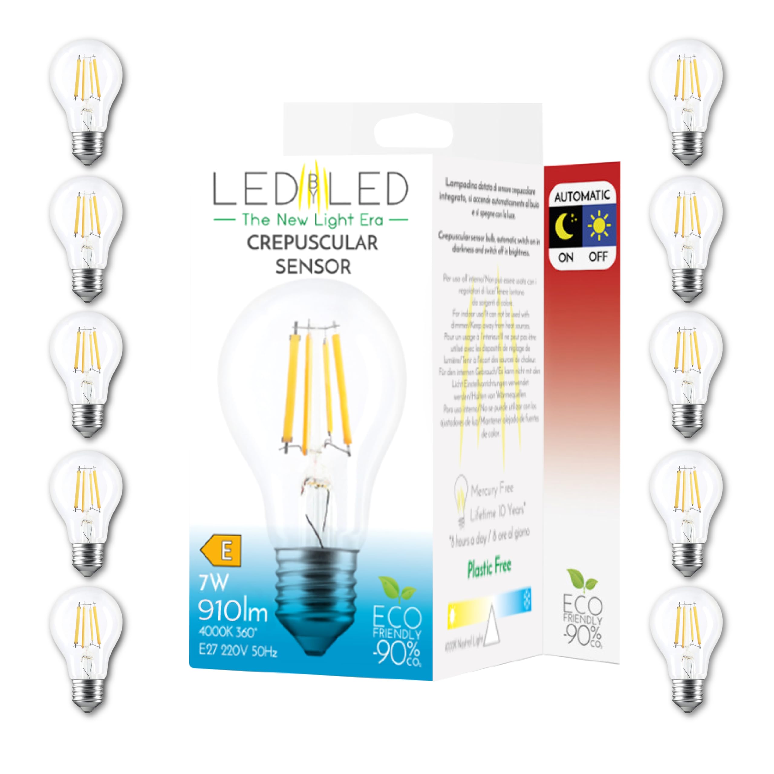 Lampadina Smart Goccia A60 7W, E27, Vetro Trasparente, Sensore Crepuscolare, 4000K Luce Naturale, filamento LED dritto, 806 Lumen, Pack 10 Pezzi