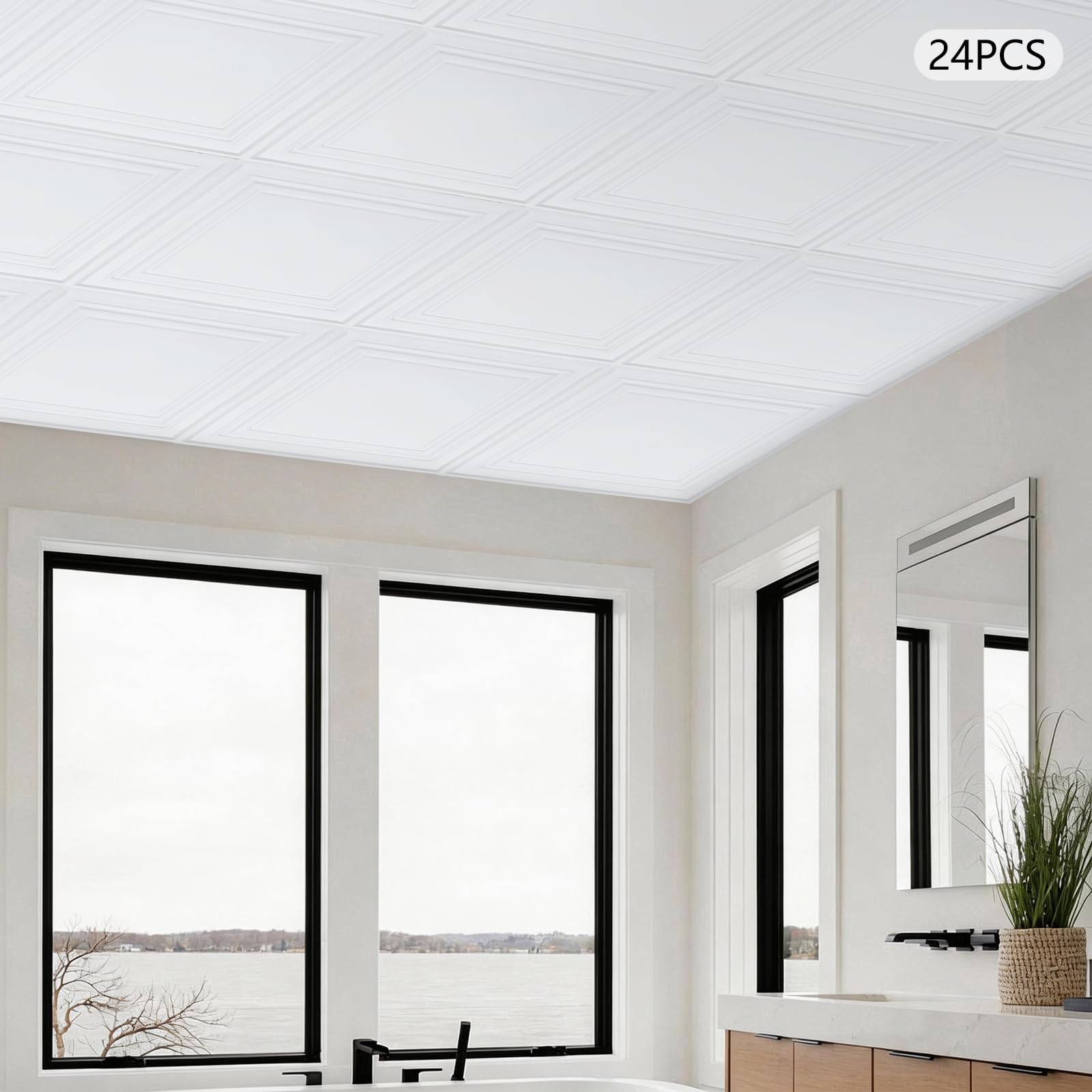 24PCS PVC-Deckenplatten Decken Verkleidungen 60x60x1.5cm(Weiß) | Dekorative Deckenfliesen aus PVC Quadratisches Wandfliesen Kunststoff-Deckenfliesen zum Aufkleben für Wohnzimmer
