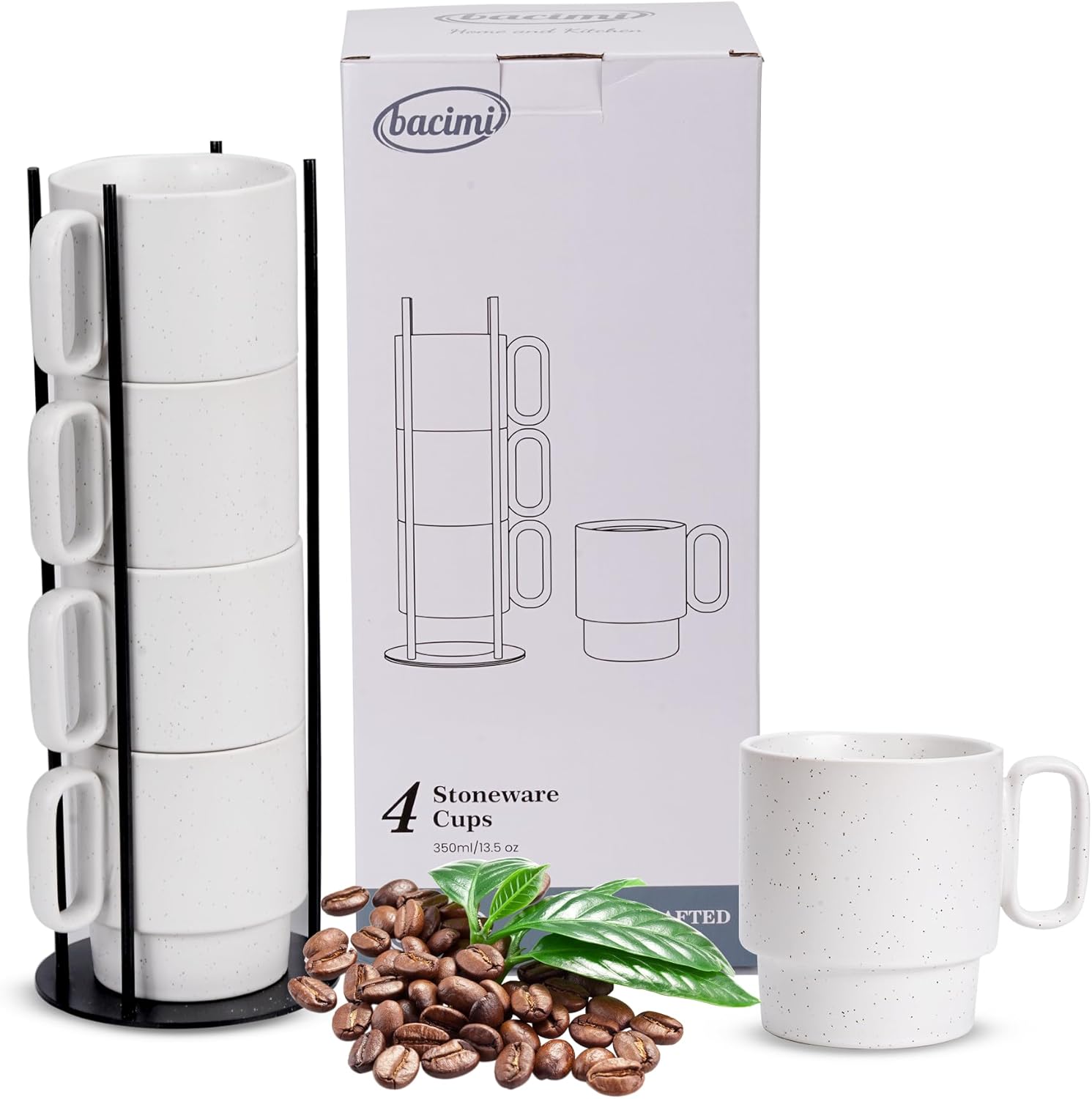 Bacimi® - Stackable Coffee Mugs Set of 4 with Metal Rack - Stoneware Mugs 13.5oz Coffee Mug Stand - Ceramic Coffee Cups for Latte, Cappuccino & Hot Beverages - Eggshell White
