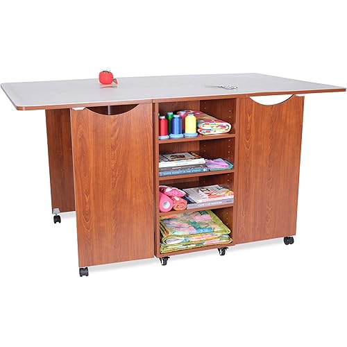 Kangaroo Kookaburra Cutting Table – Large Sewing, Quilting & Craft Workstation with Expandable 70” x 40” Surface, Storage Drawers, Shelves & Rolling Locking Casters, Teak Finish
