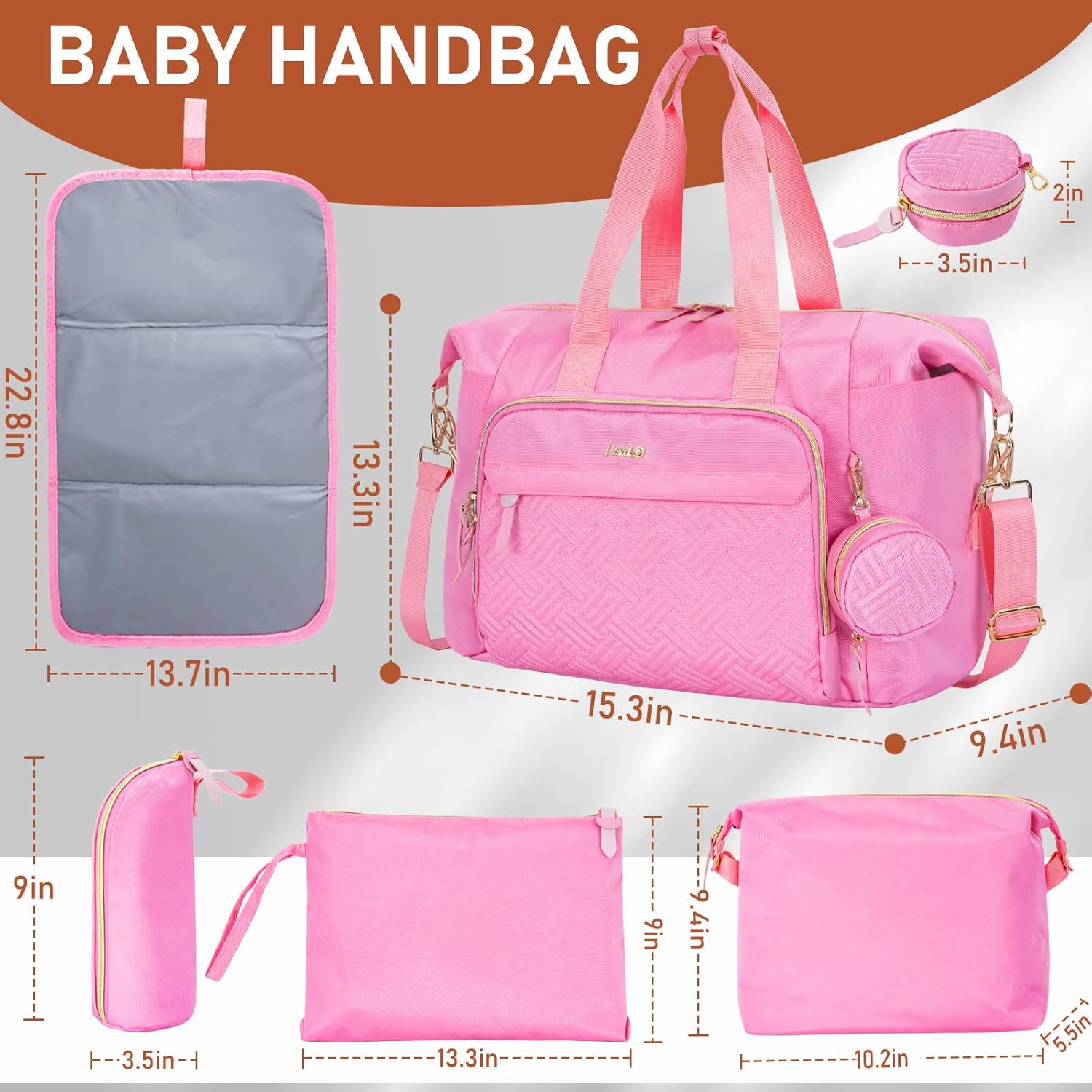 7pcs Diaper Bag Tote, Large Mommy Travel Diaper bags, Baby Diaper Tote Bag for Mom Hospital Baby, Pink - Image 3
