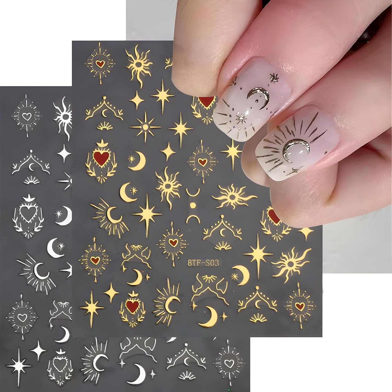 12 Sheets Bohemian Style Nail Stickers for Nail Art Sun Star Moon 3D Self-Adhesive Gold Nails Decals Supplies for Women DIY Manicure