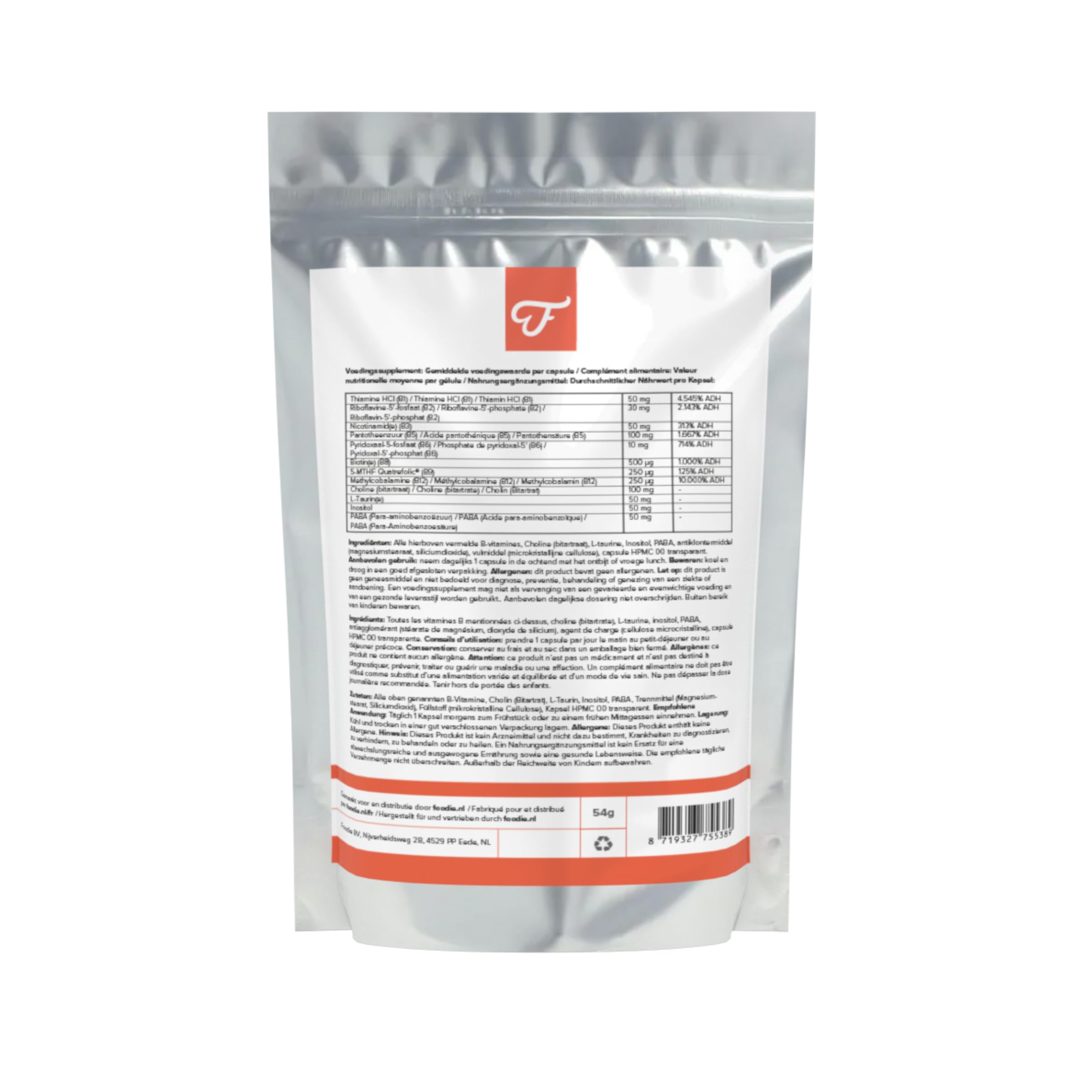 Foodie Vitamin B-Komplex – 6x 60 Kapseln hochdosiert – Alle 8 B Vitamin B1, B2, B3, B5, B6, B8, B9 und B12 – Bessere Energieproduktion, Gehirnfunktion und Vitalität