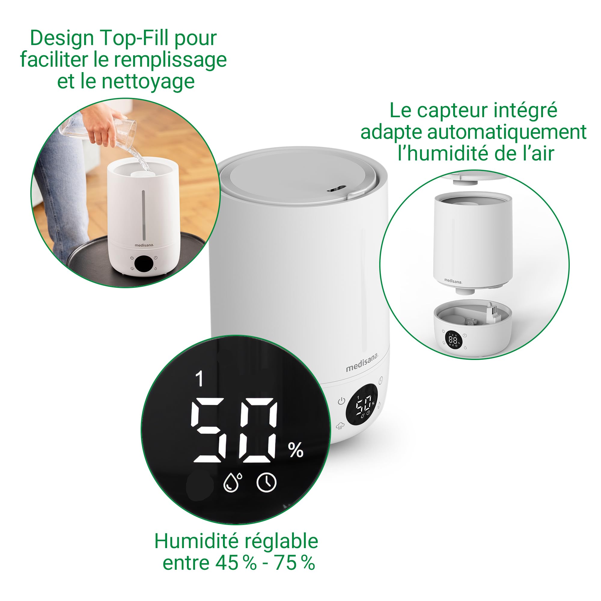medisana AH 663 Humidificateur d'air chambre avec hygromètre et technologie à ultrasons, purificateur d'air avec affichage LED, minuterie et mode sommeil, diffuseur electrique pour bébé