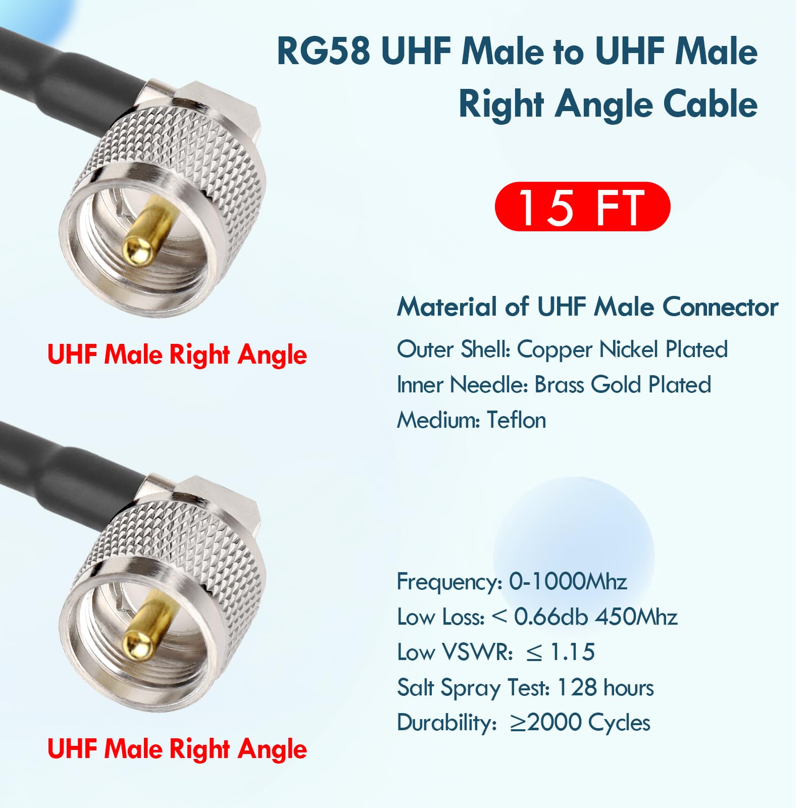 MOOKEERF Cable coaxial CB de 15 pies RG58 PL-259 UHF macho a macho, cable coaxial de ángulo recto, cable coaxial de baja pérdida Cb para radio CB, radio HAM, analizador de antena, medidor SWR
