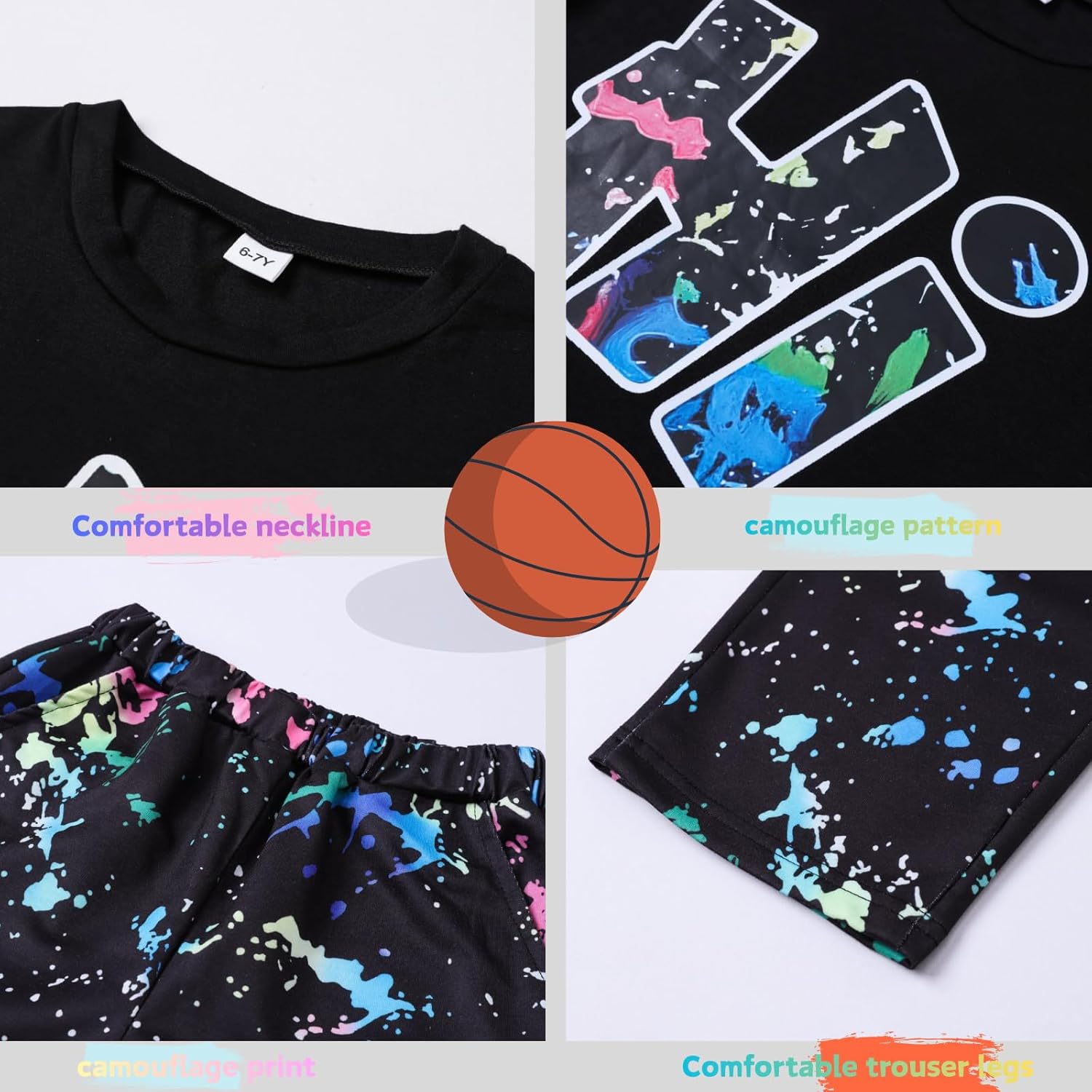 Teen Boys Clothes Camo 2 Piece Outfits Letter Printing Short Sleeve and Color Block Pants Clothing Set Size 6-12 - Image 5