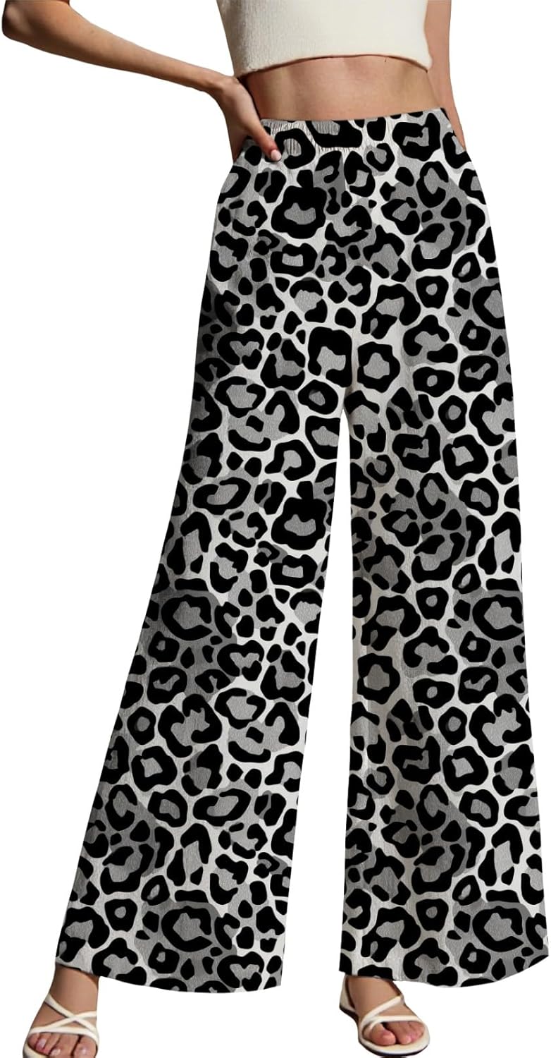 LIZALIG Women's Leopard Print Pants High Waist Wide Leg Trousers with Elastic Waistband Casual Loose Fit Pockets