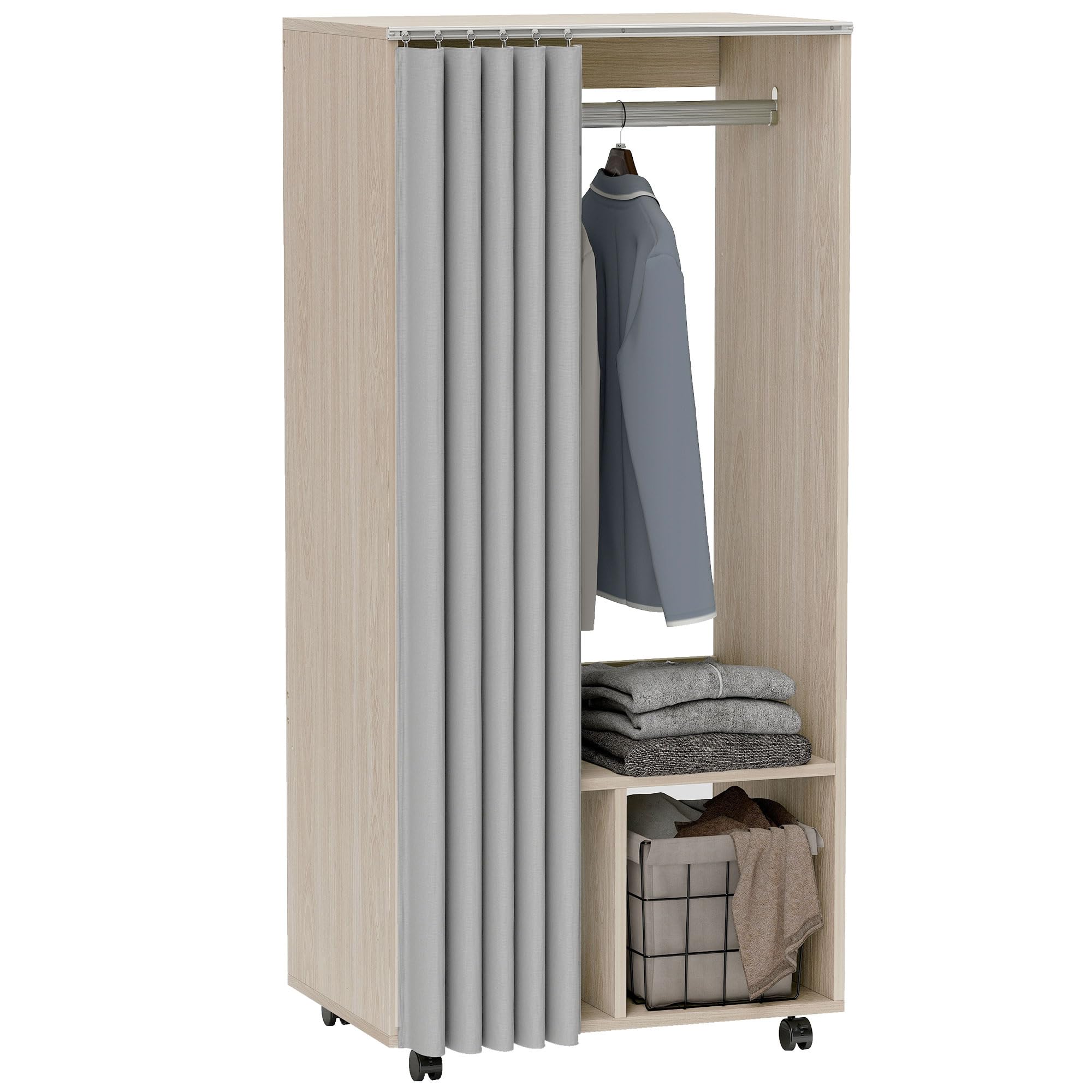 HOMCOM Armoire penderie mobile dressing avec rideau armoire de rangement 4 roulettes avec tringle de suspension et étagères, penderie vêtement roulant pour chambre, 60 x 40 x 128 cm effet bois naturel