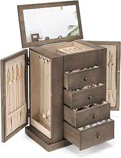 Emfogo Jewelry Box for Women, 5 Layer Large Wood Jewelry Boxes & Organizers for Necklaces Earrings Rings Bracelets, Rustic Jewelry Organizer Box with Drawers and Mirror(Weathered Gray)