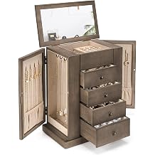 Emfogo Jewelry Box for Women 5 Layers Large Wooden Jewelry Box & Organizer Necklace Earrings Ring Bracelet Rustic Jewelry Organizer Box with Drawer and Mirror Heather Gray