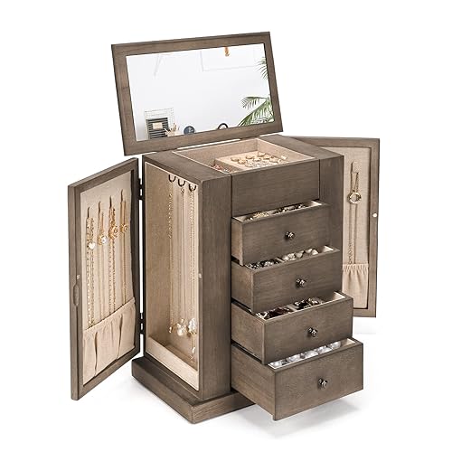 Emfogo Jewelry Box for Women, 5 Layer Large Wood Jewelry Boxes & Organizers for Necklaces Earrings Rings Bracelets, Rustic Jewelry Organizer Box with Drawers and Mirror(Weathered Gray) - Weathered Gray