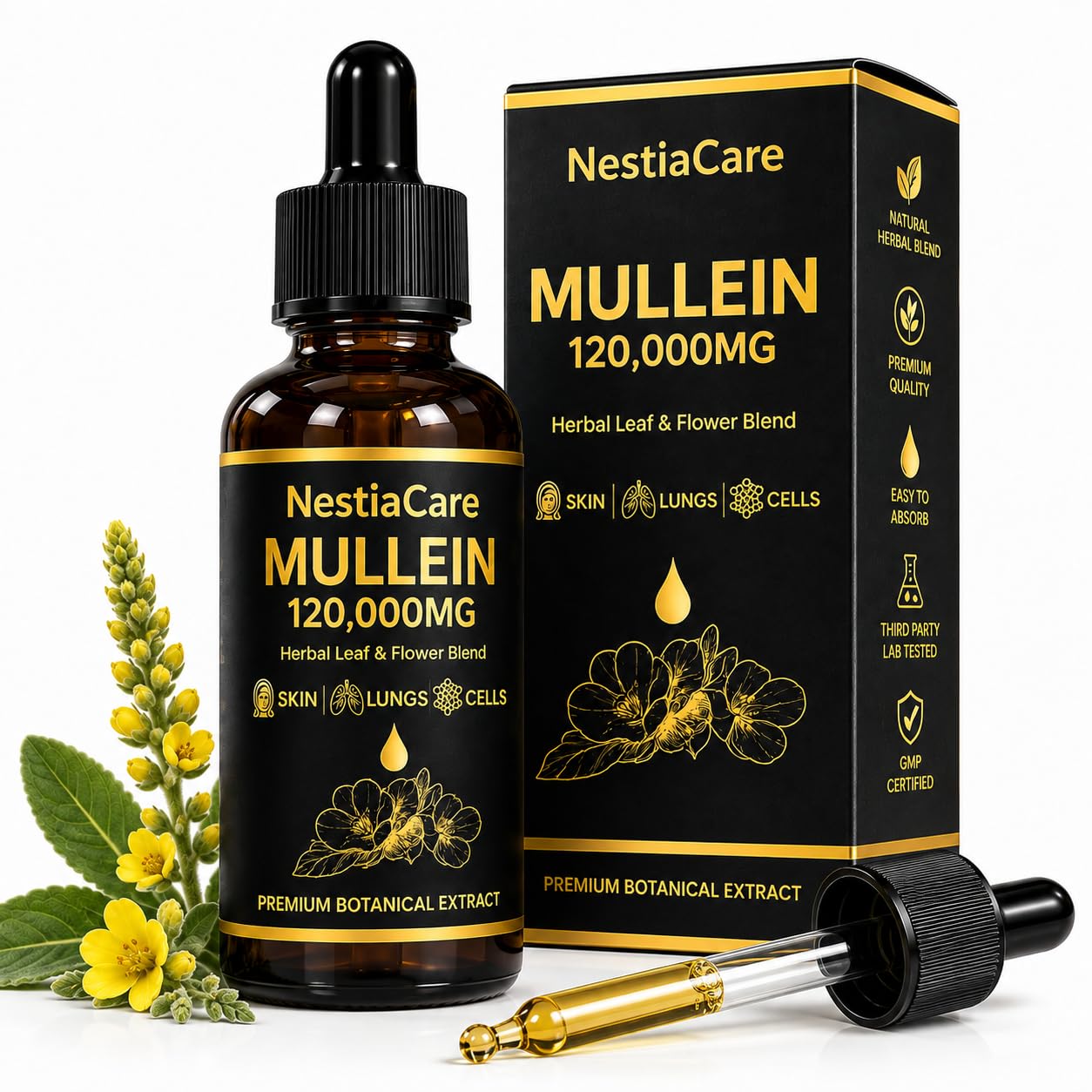 Mullein Drops for Lungs | Mullein Leaf Extract | Alcohol-Free Herbal Liquid | Lung Cleanse | 1200mg | 2 Fl Oz