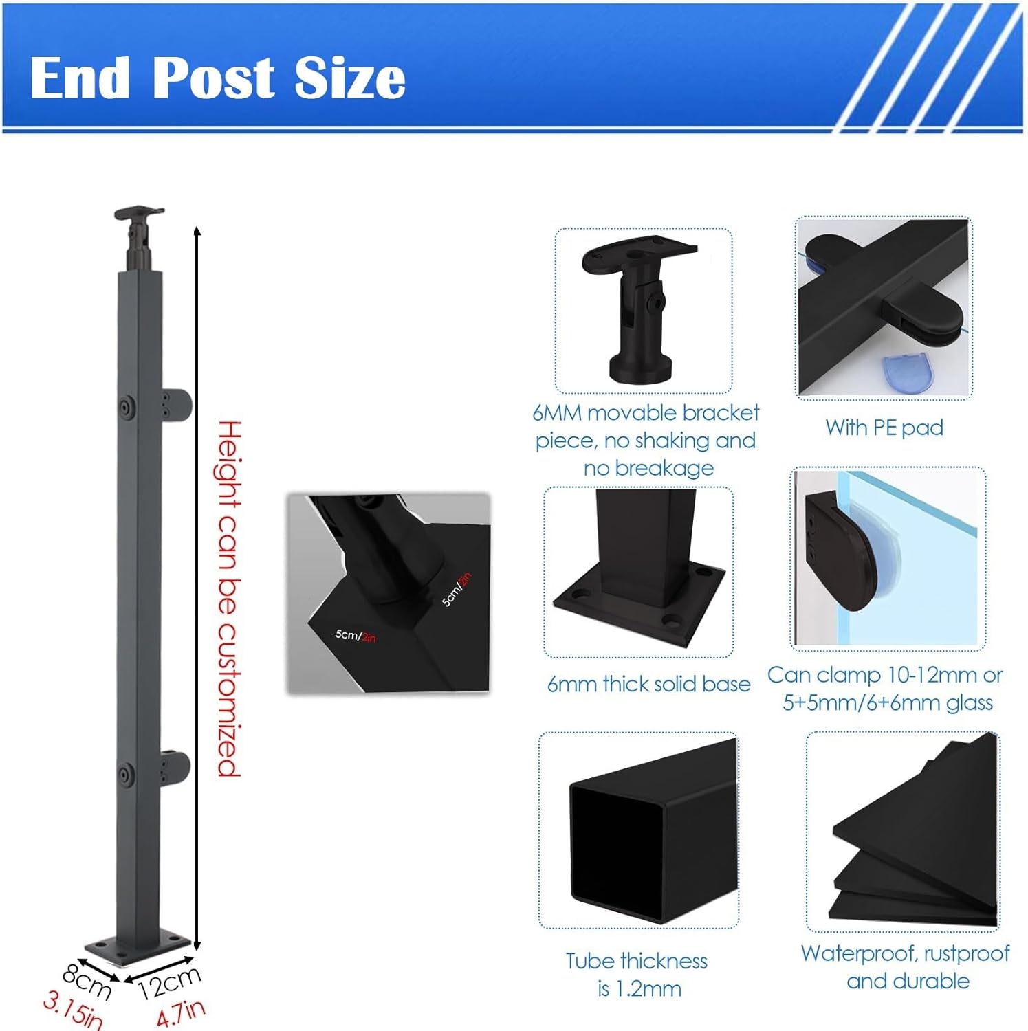 Stainless Steel Glass Handrail End Post Clamp for Staircase & Balcony, Square Tube Slot Columns, 65cm/25.5in Deep Coffee, Compatible with Handrail Versions