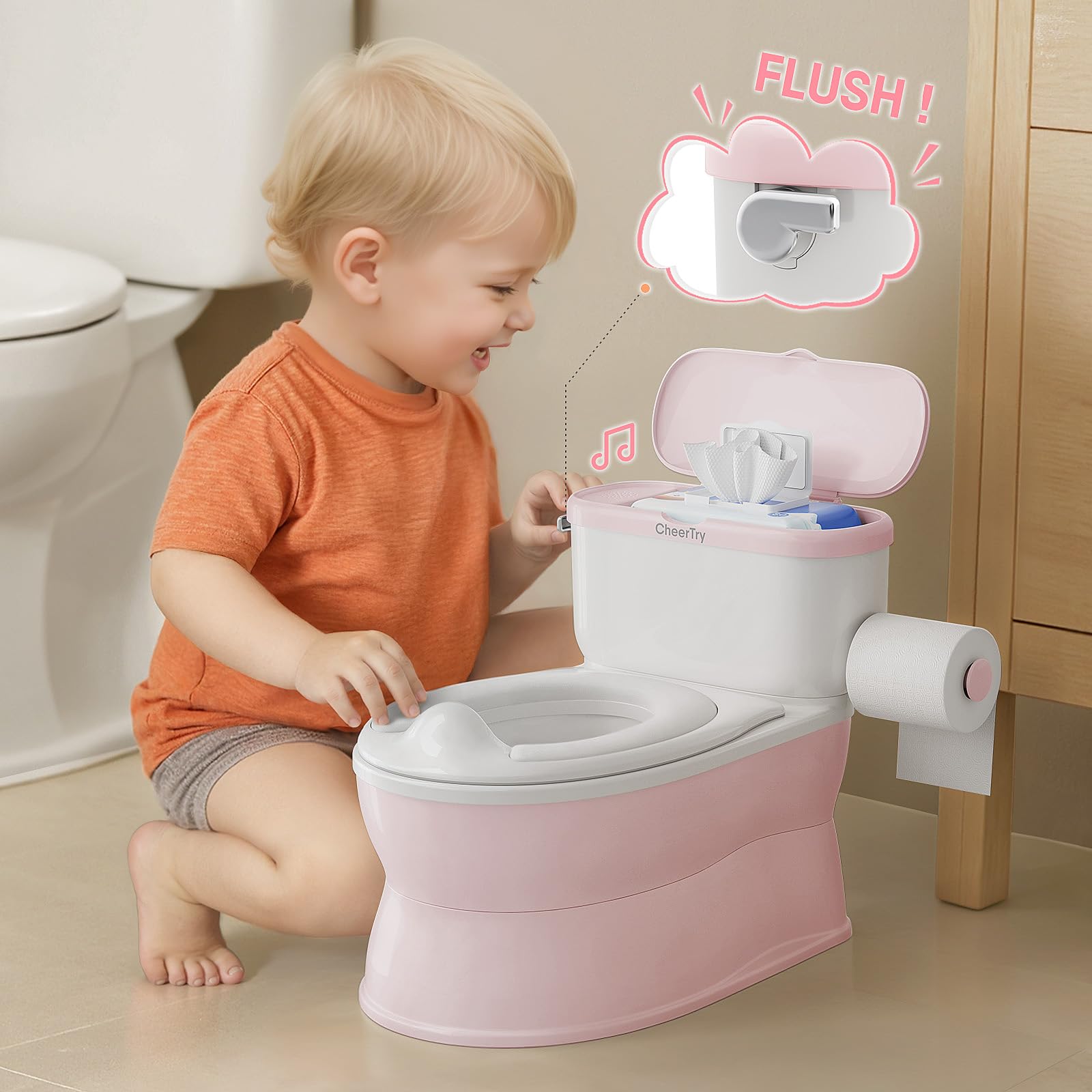 CheerTry 2-in-1 Toddler Potty Training Toilet - with Detachable Training Seat, Realistic Flushing Sound for Boys & Girls Ages 1-3 with Wipes Storage, Toilet Paper Holder - 3