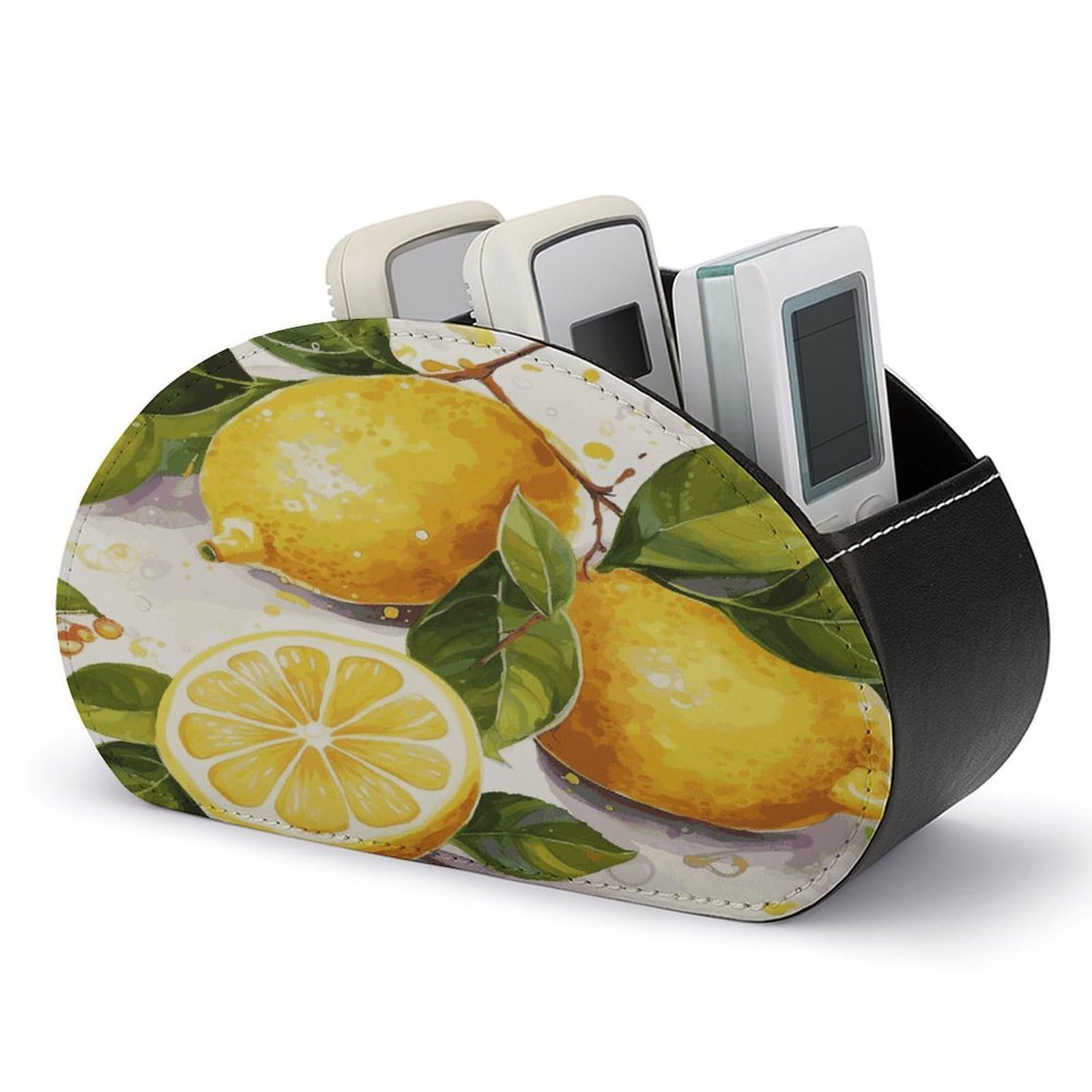 JTREHY Fruits Lemon Remote Control Holder 5 Compartments Remote Caddy Tray PU Leather TV Remoter Storage Box Bedside Table Storage Organizer Office Desk Storage Case