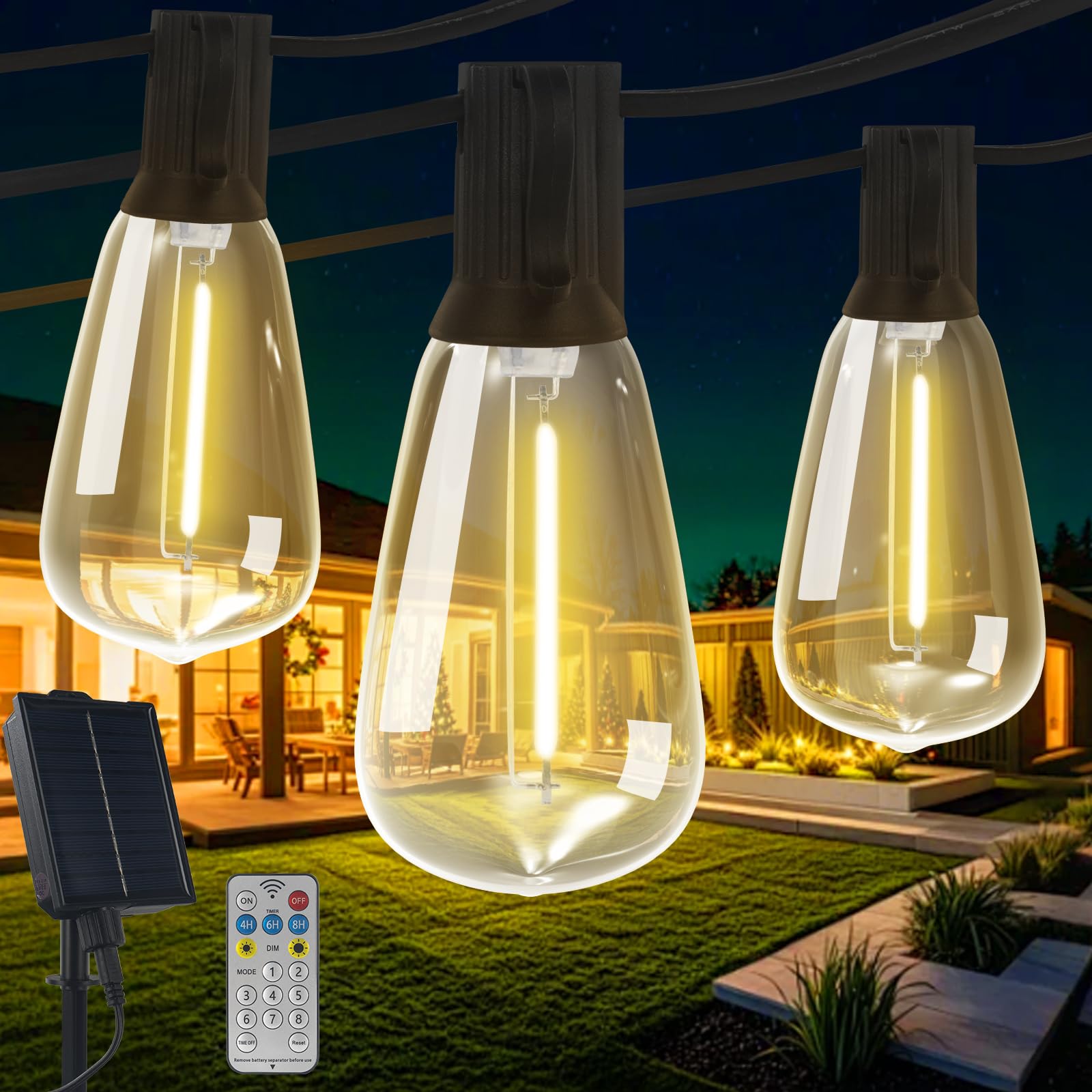 Dge Warm White Solar Festoon Lights Outdoor 14.6M/48Ft Solar String Lights Waterproof,With 8 Modes & 15 St38 Bulbs Shatterproof,Ip65 Waterproof Patio Lights For Outside,Gazebo, Backyard, Balcony, Party