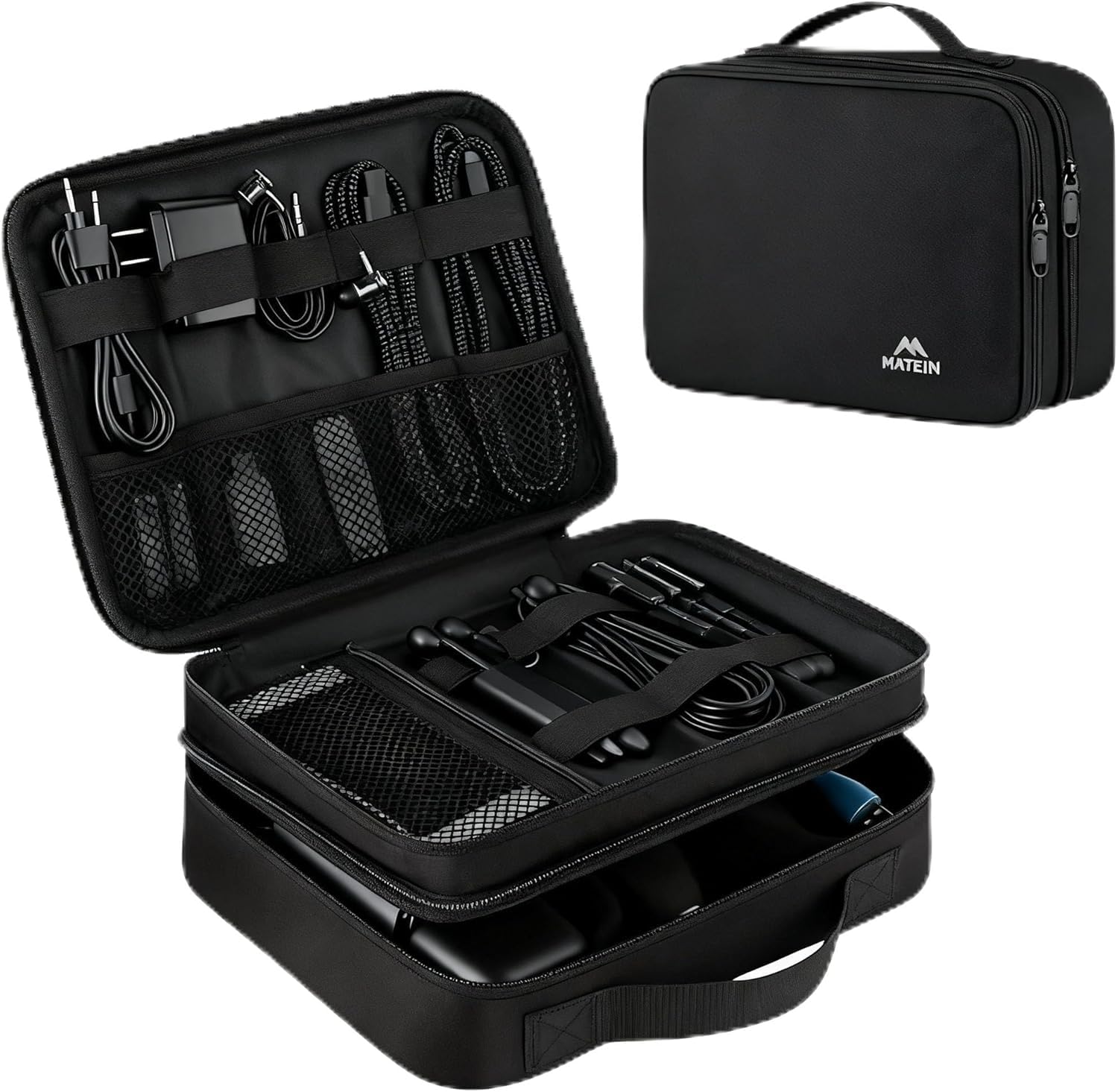 MATEIN Electronics Travel Organizer, Water Resistant Cable Organizer Bag with Handle, Portable Electronic Accessories Case for Men Double Layer Cable Storage Bag for Cord, Charger, iPad mini, Black