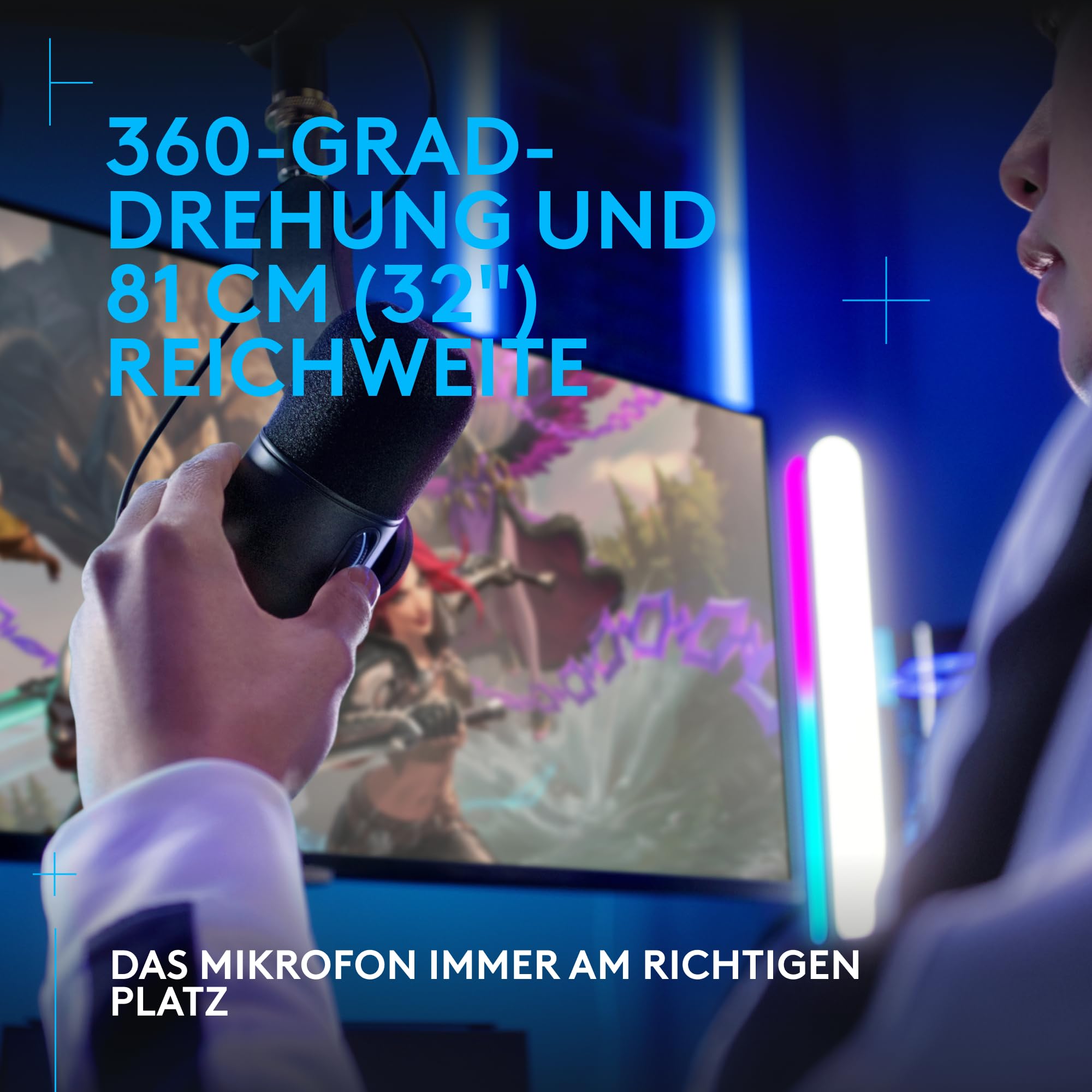 Logitech G Yeticaster GX Dynamic Supercardioid Gaming-Mikrofon mit Schwenkarm, RGB-Beleuchtung und LIGHTSYNC, USB-Mikrofon im Broadcast-Stil für PC und Mac, für Aufnahmen und Streaming - Schwarz