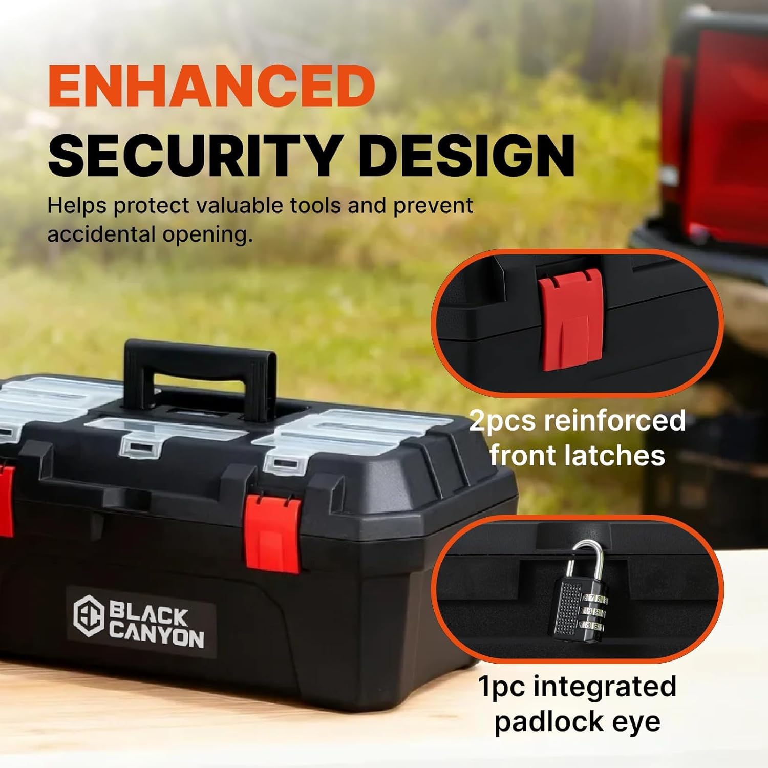 Black Canyon 19 Inch Portable Plastic Tool Box, 19 in × 9.6 in × 8.3 in, Padlockable 1 Piece 19 in