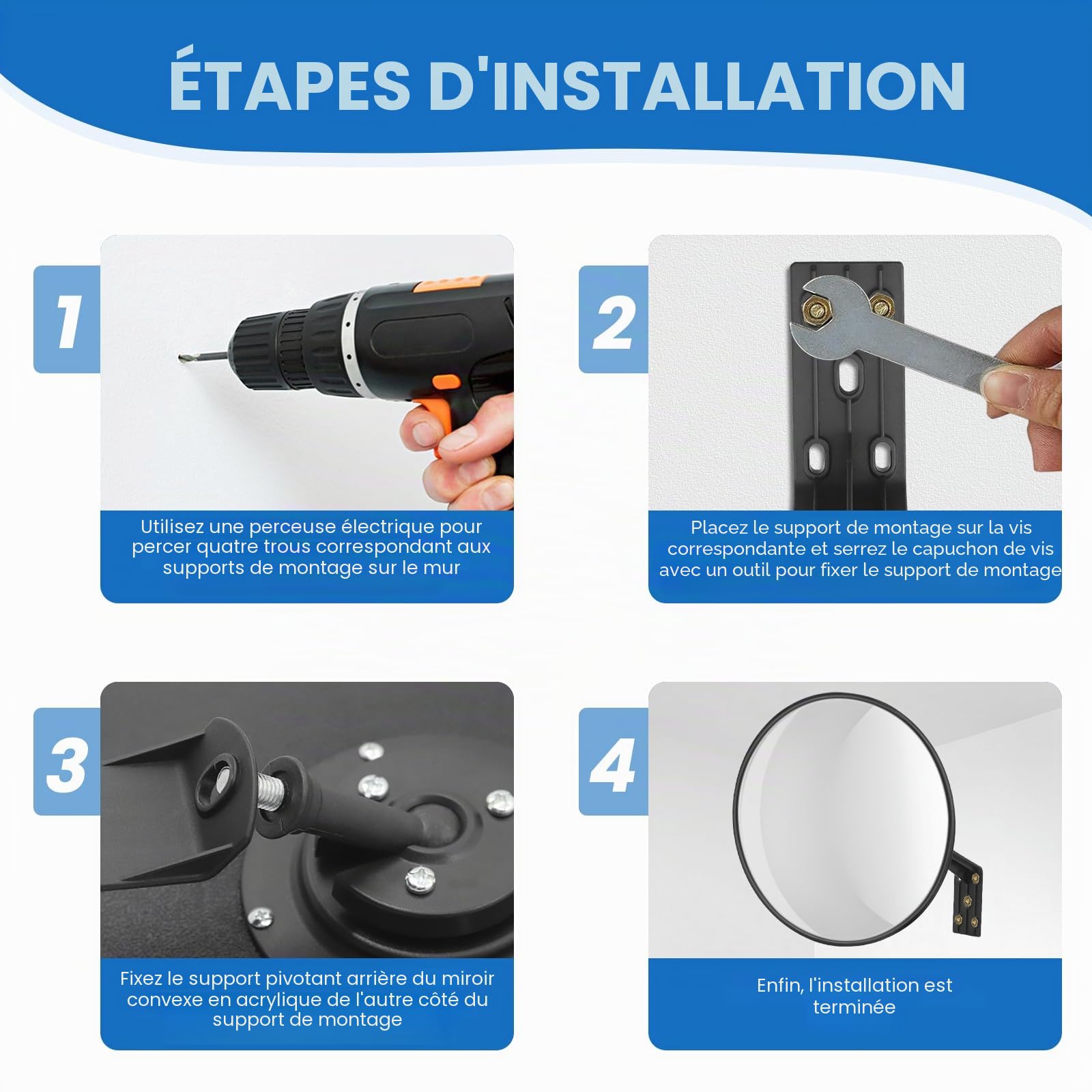 Miroir de Circulation Convexe 30cm Grand Angle Réglable Miroir de Sécurité pour allée, garage, parc, soutien pour l'intérieur et l'extérieur.