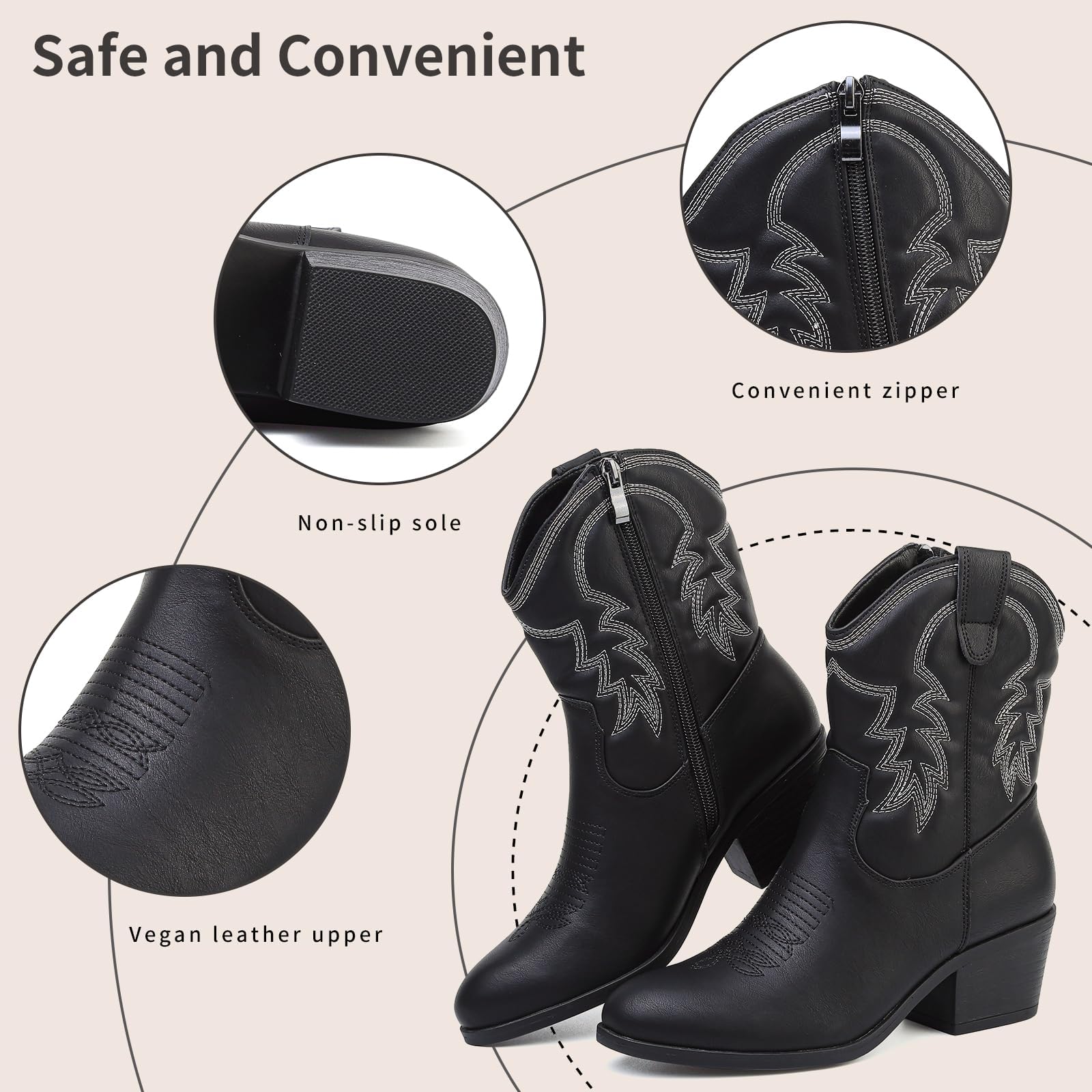Bravover Stivali da cowboy da donna a metà polpaccio con zip laterale ricamo occidentale, Nero , 38 EU | Punta a mandorla tacco a blocco cuciture a contrasto linguetta tomaia sintetica per concerti country festival e abiti casual